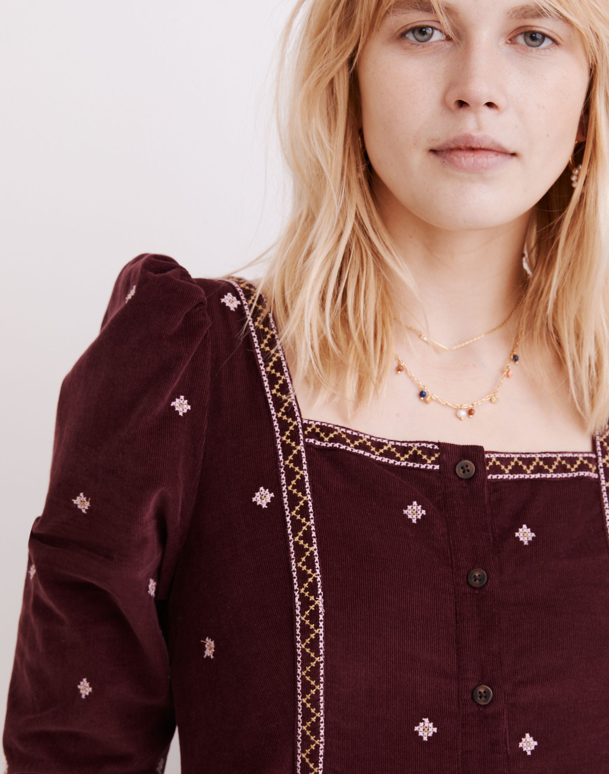 Embroidered Corduroy Button-Front Mini Dress