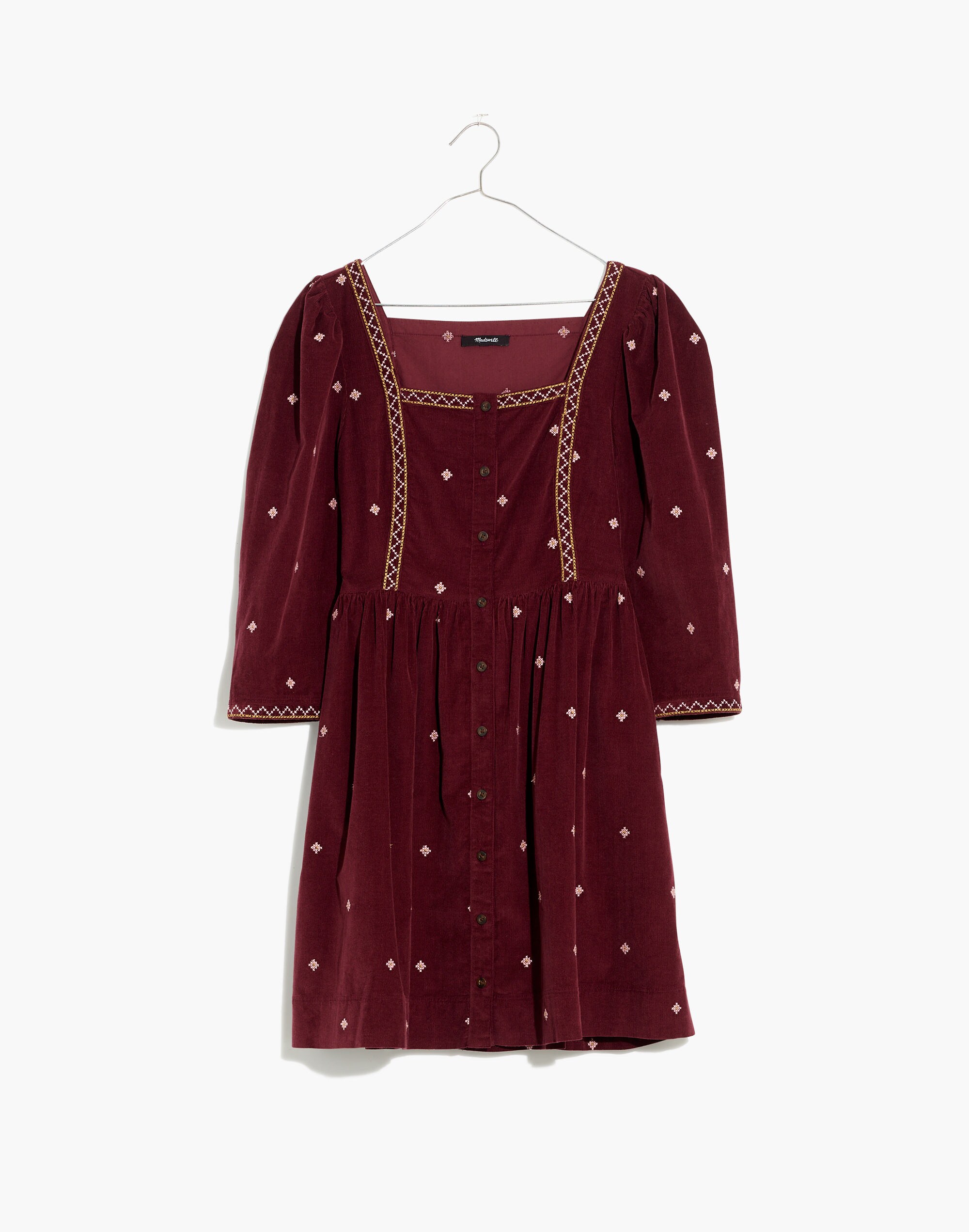 Embroidered Corduroy Button-Front Mini Dress