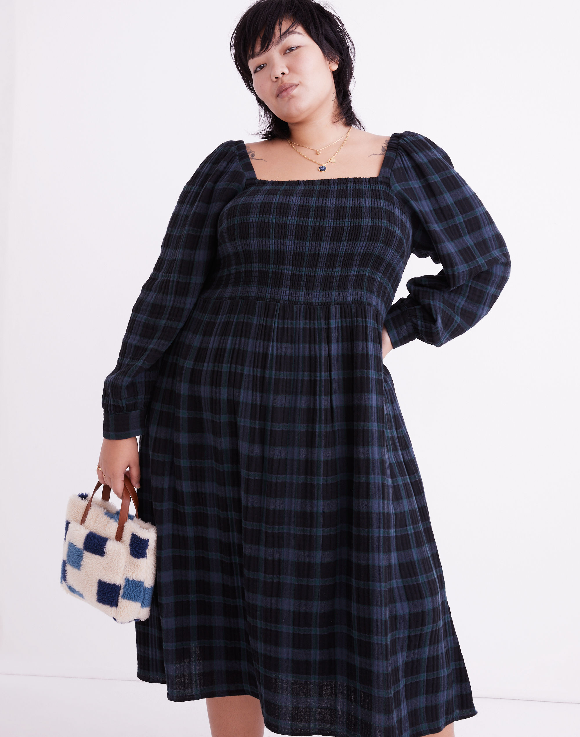 Plus Lightspun Lucie Long-Sleeve Smocked Midi Dress in Livonia Plaid