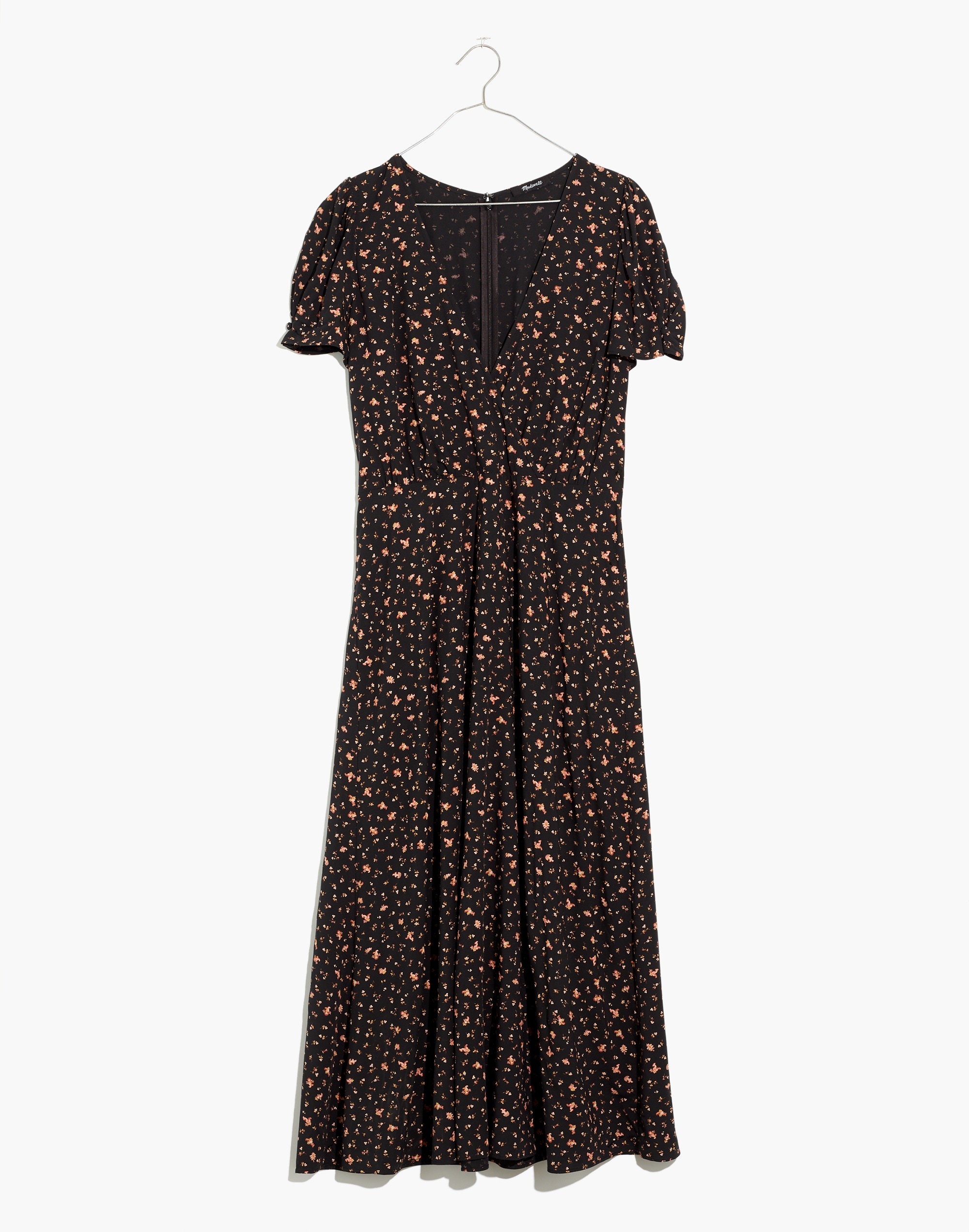 plus puff-sleeve faux-wrap midi dress in stem scatter