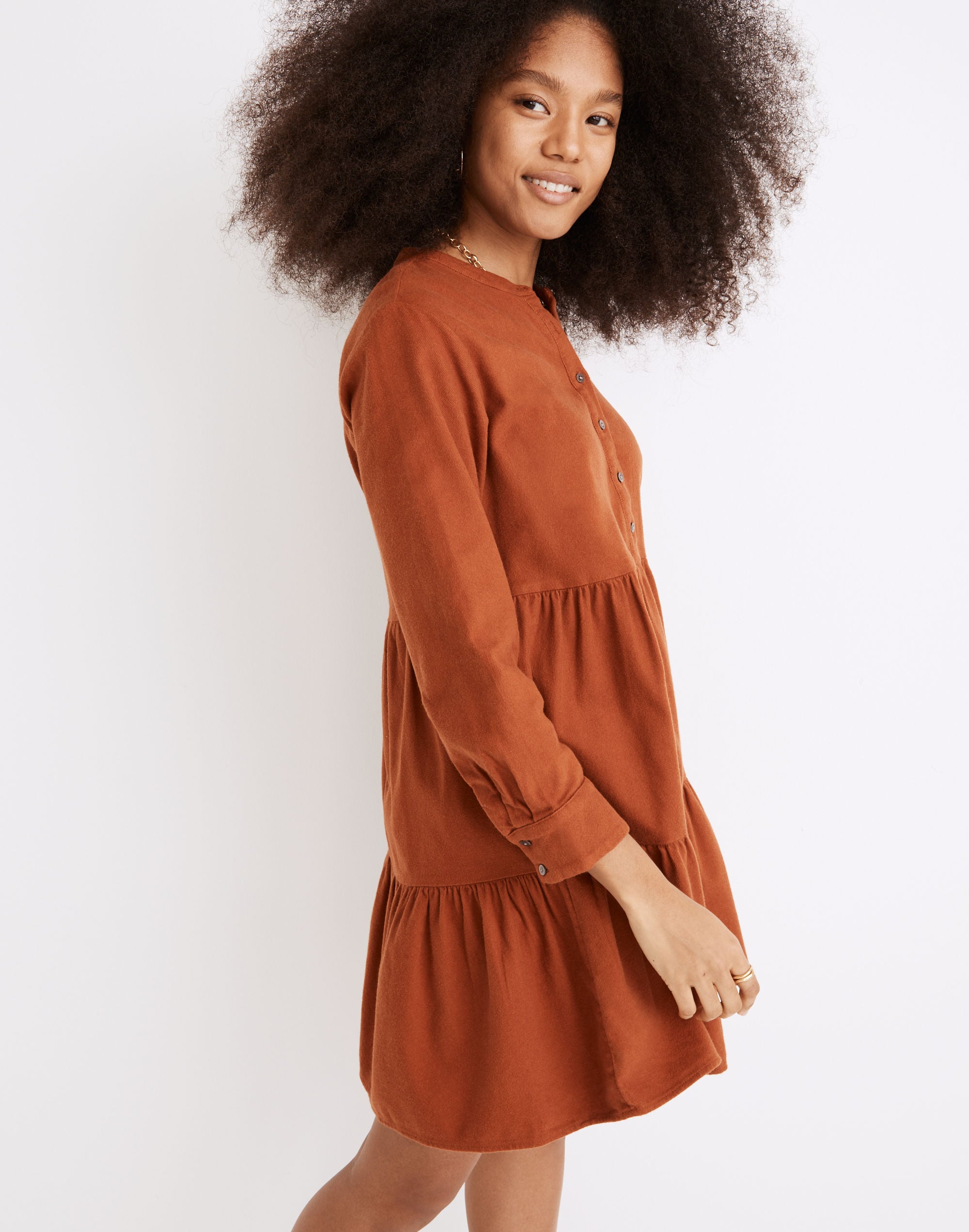 Flannel Button-Placket Tiered Mini Dress