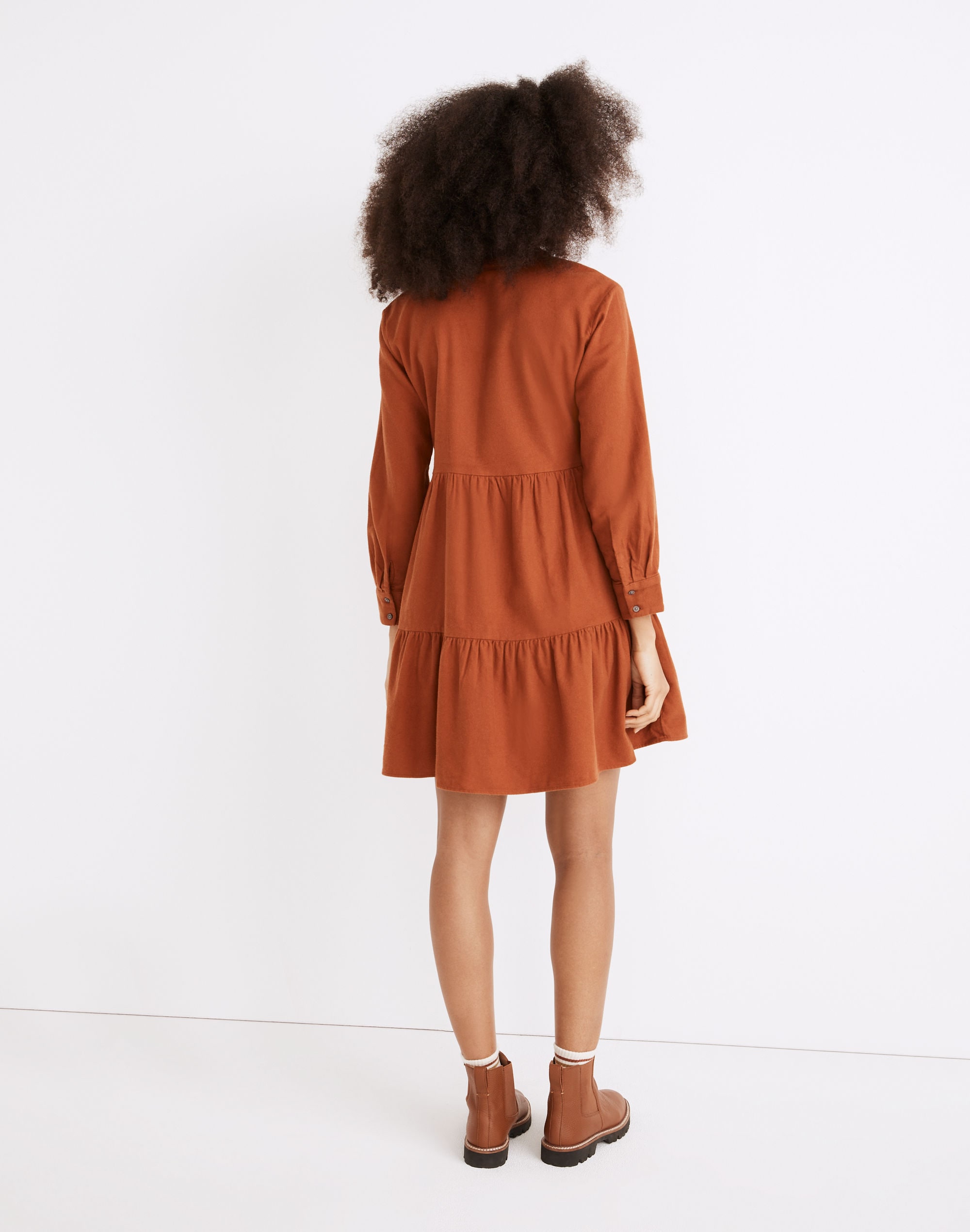 Flannel Button-Placket Tiered Mini Dress