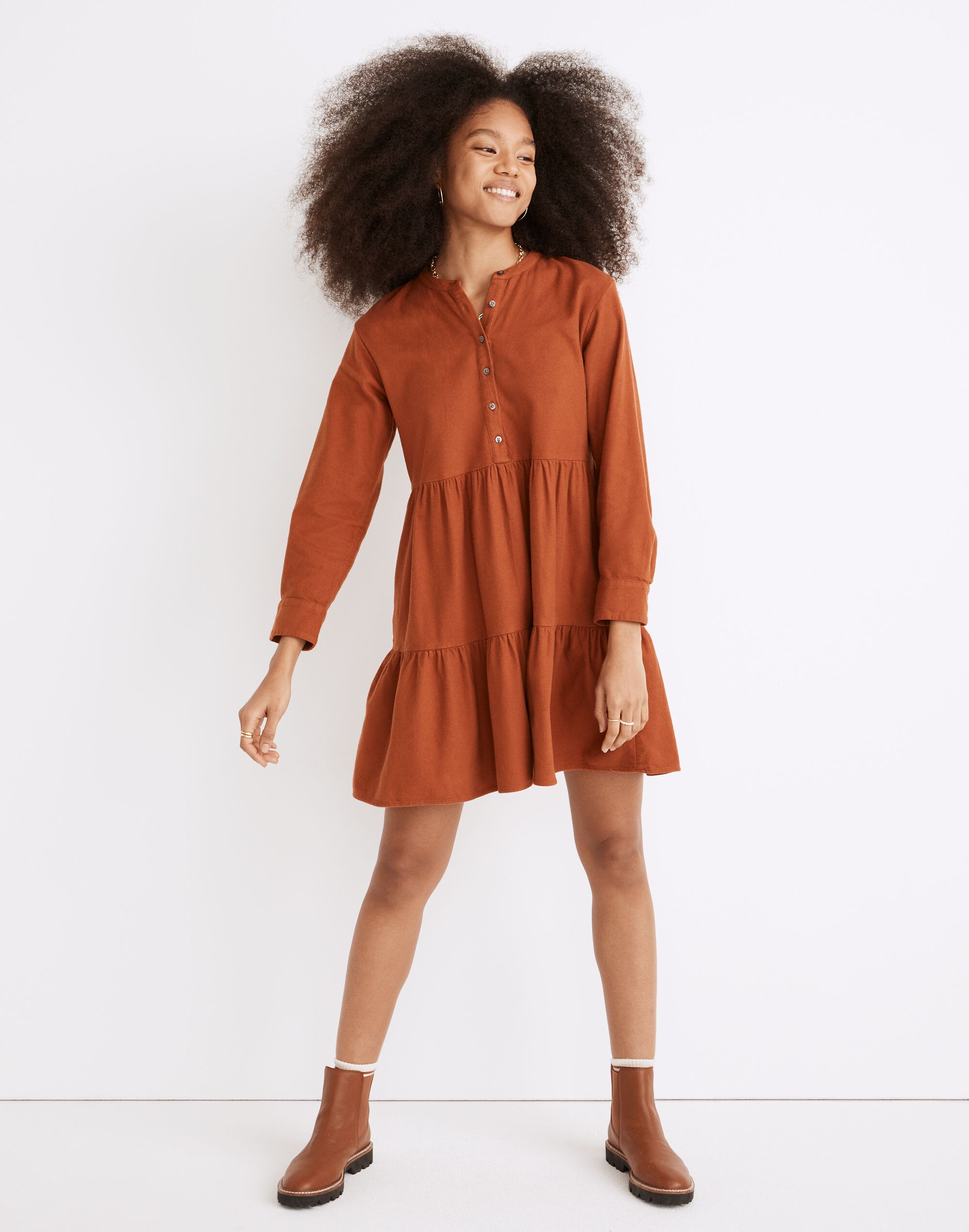 Flannel Button-Placket Tiered Mini Dress