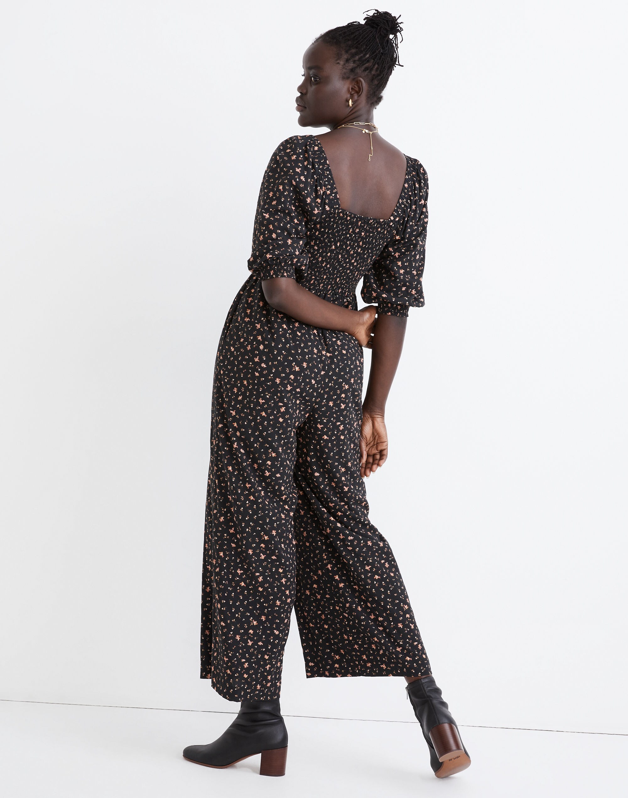 Curvy Lucie Smocked Wide-Leg Jumpsuit in Stem Scatter