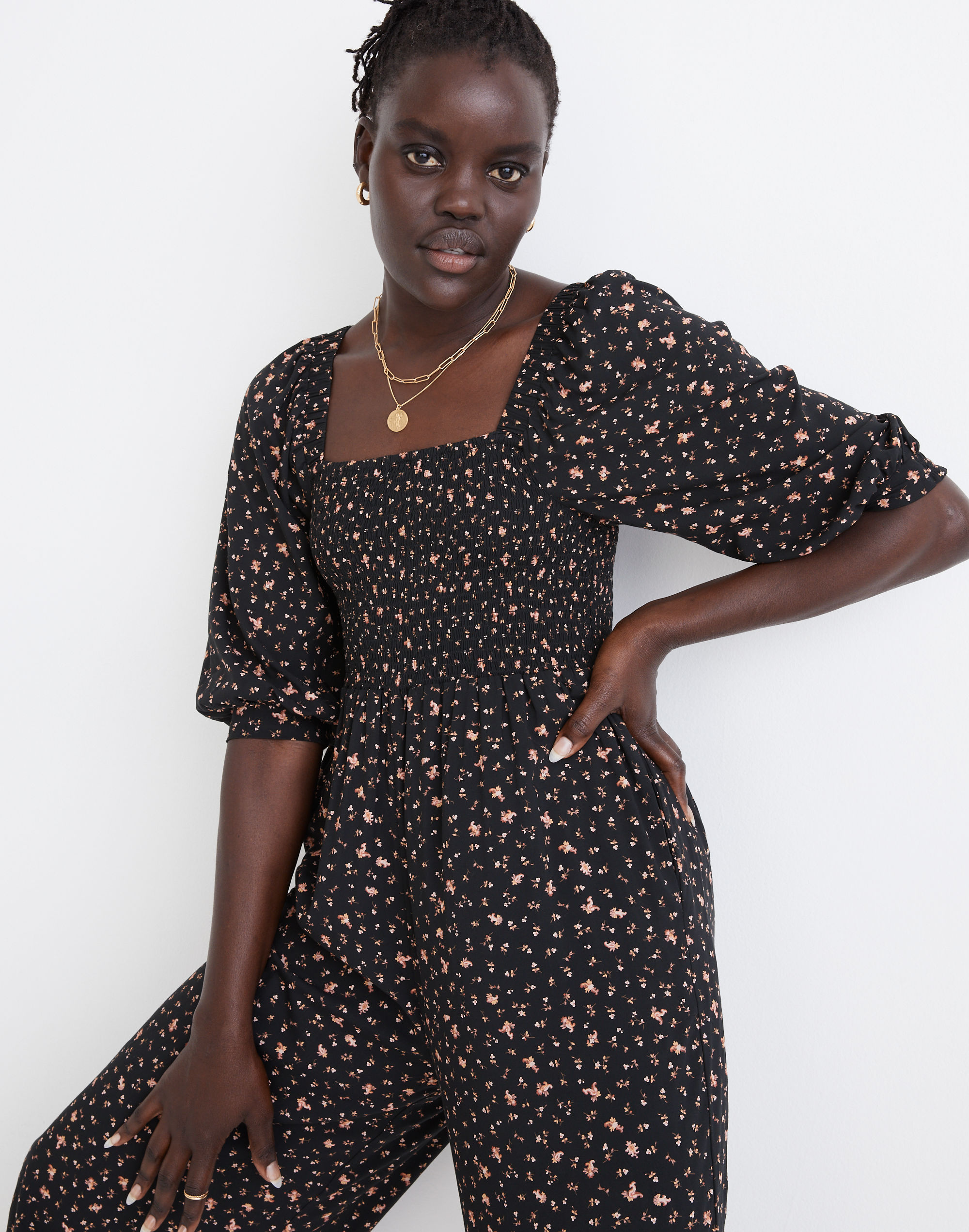 Curvy Lucie Smocked Wide-Leg Jumpsuit in Stem Scatter