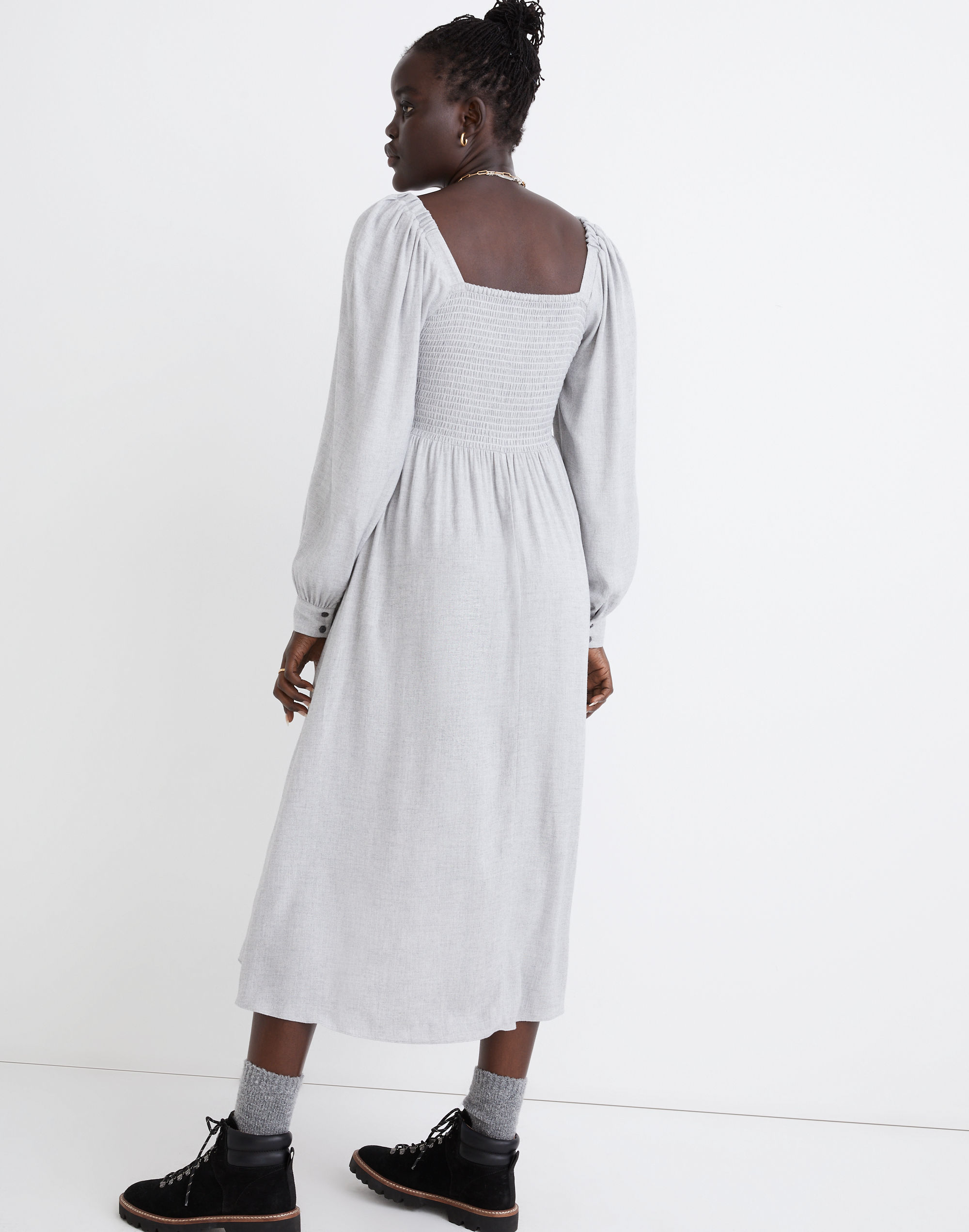 Lucie Long-Sleeve Smocked Midi Dress in Wool Gauze