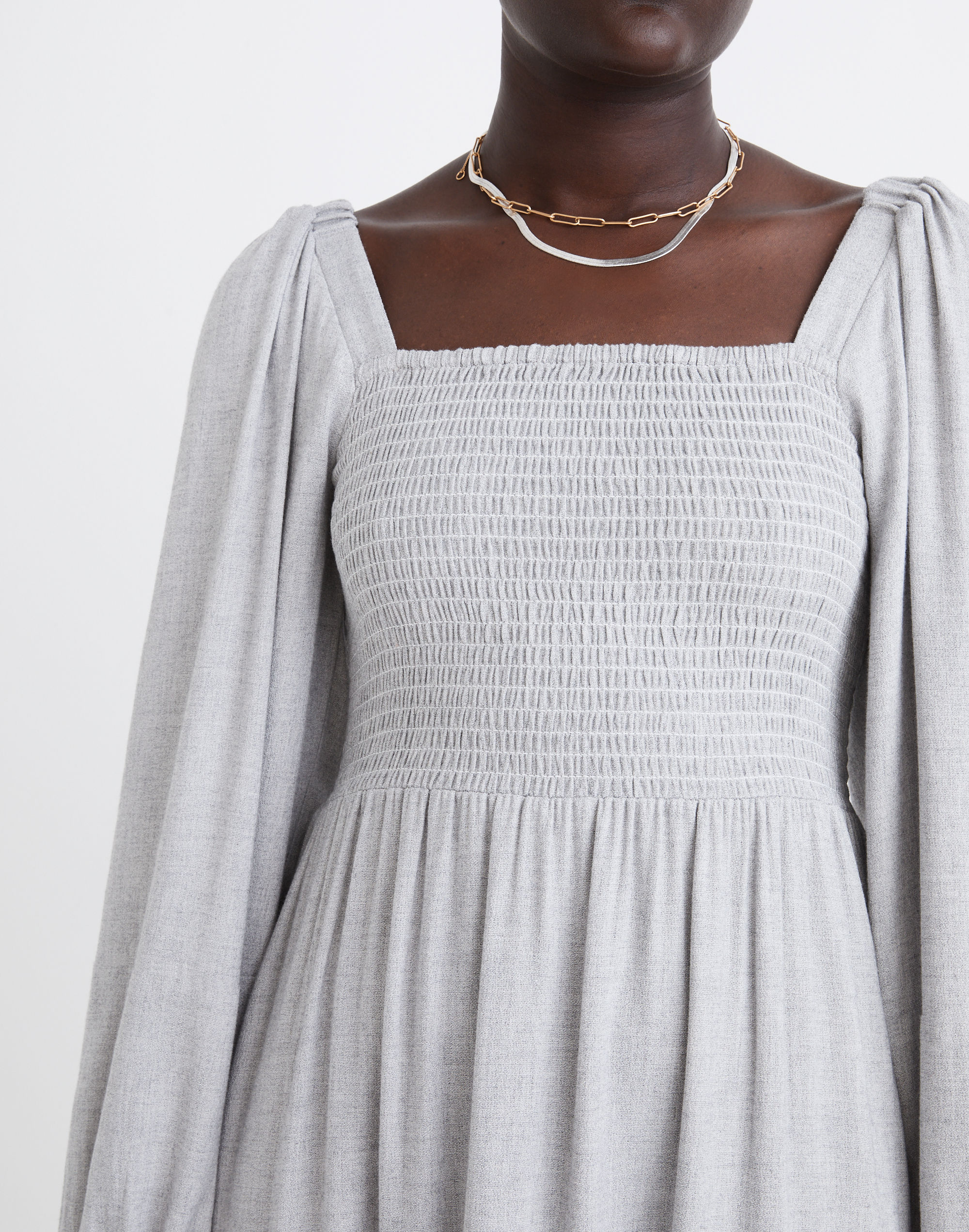 Lucie Long-Sleeve Smocked Midi Dress in Wool Gauze