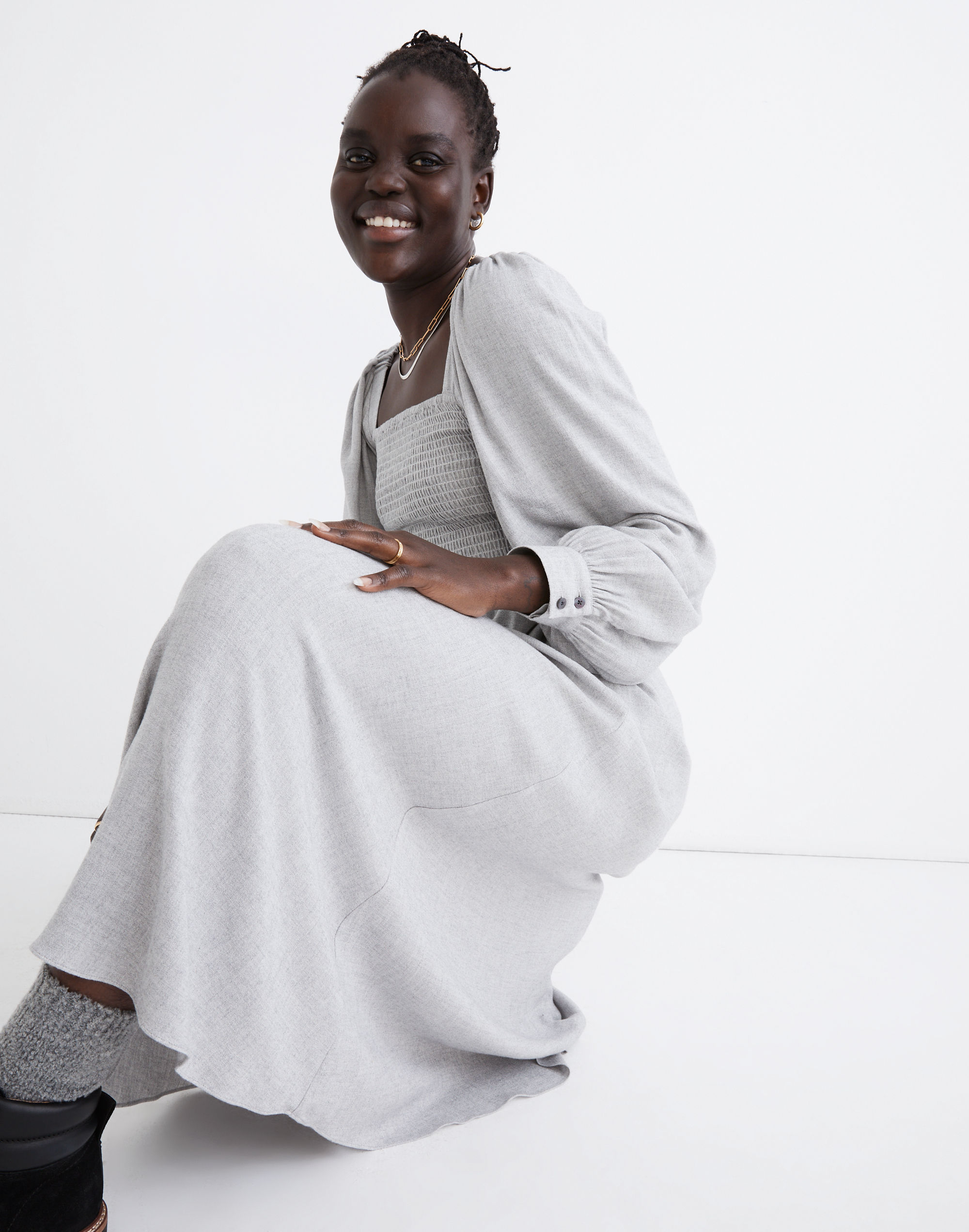 lucie long-sleeve smocked midi dress in wool gauze