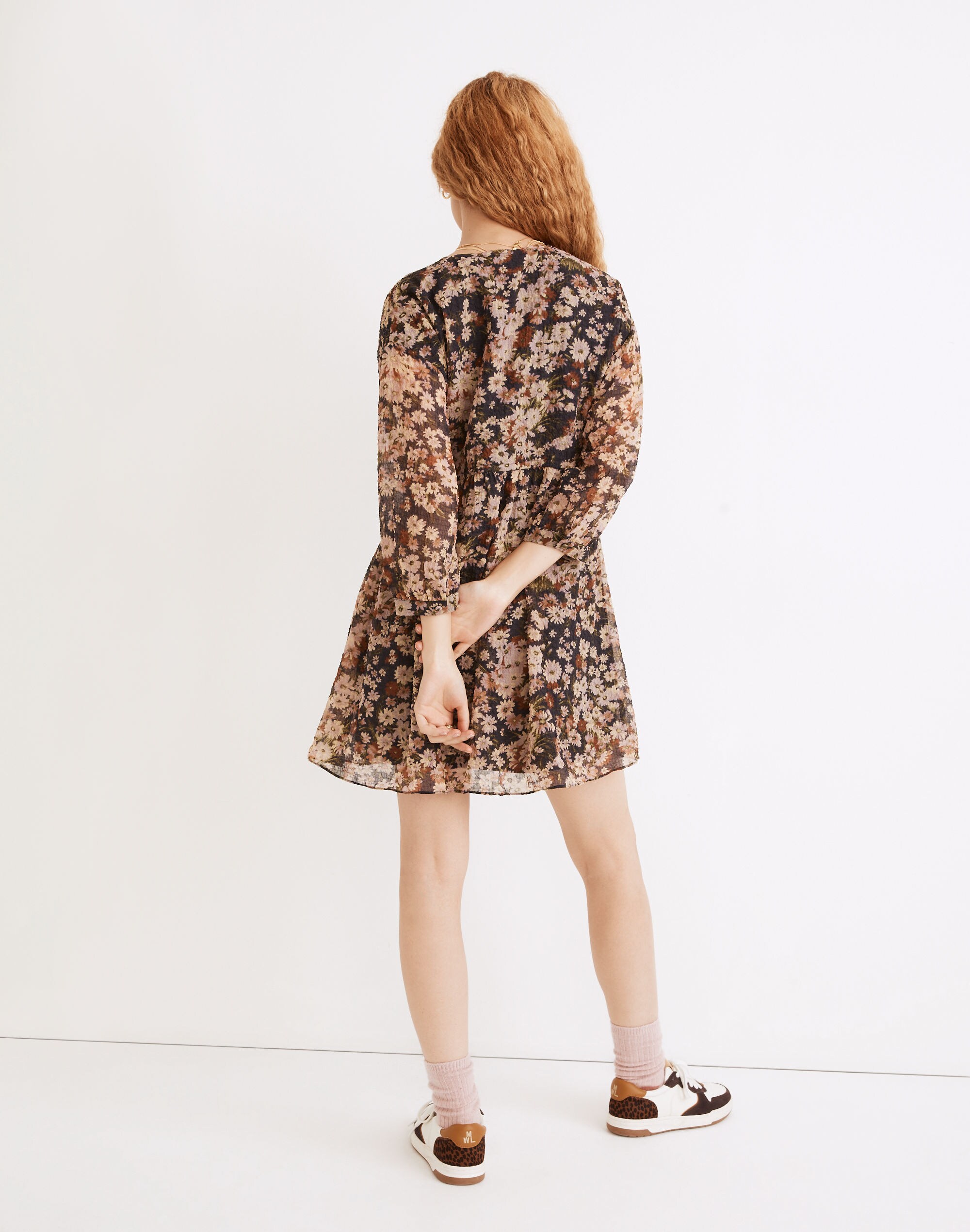 Drawstring Faux-Wrap Mini Dress in Daisy Reverie