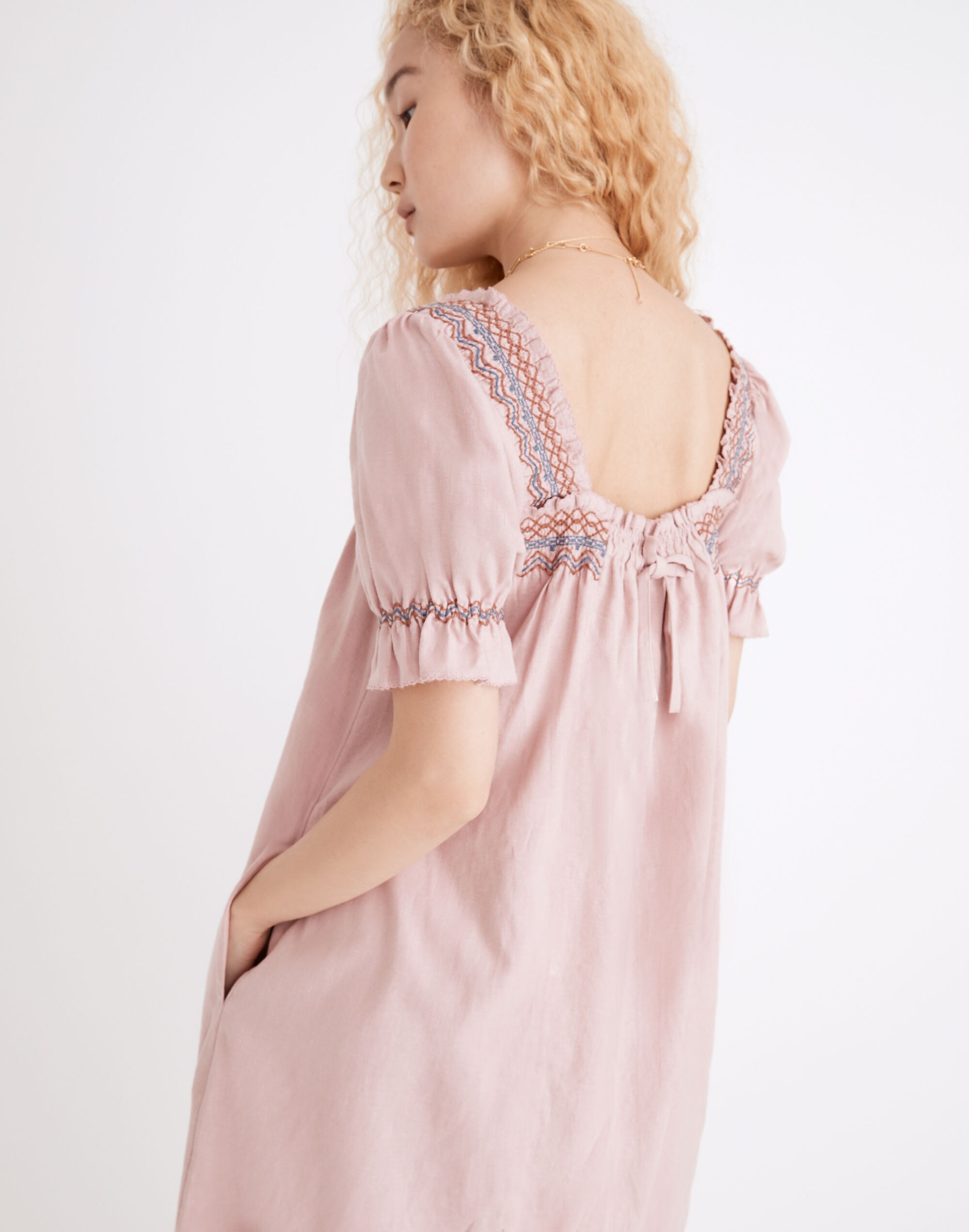 Smocked-Neck Puff-Sleeve Mini Dress