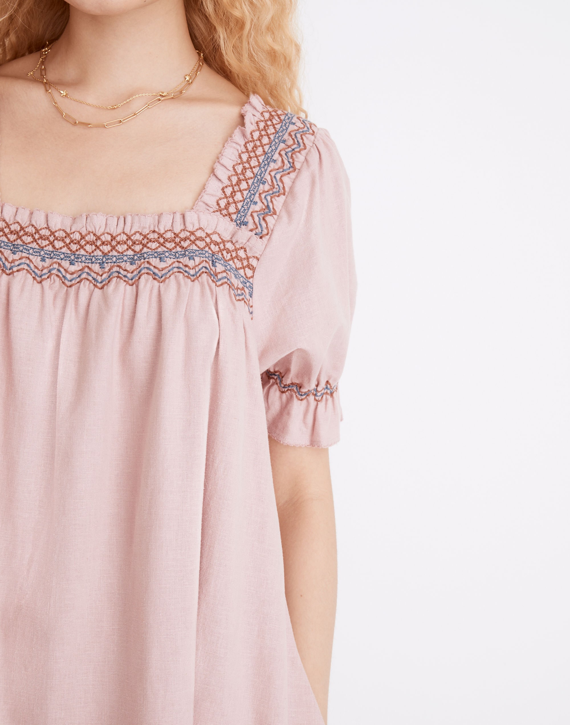 Smocked-Neck Puff-Sleeve Mini Dress