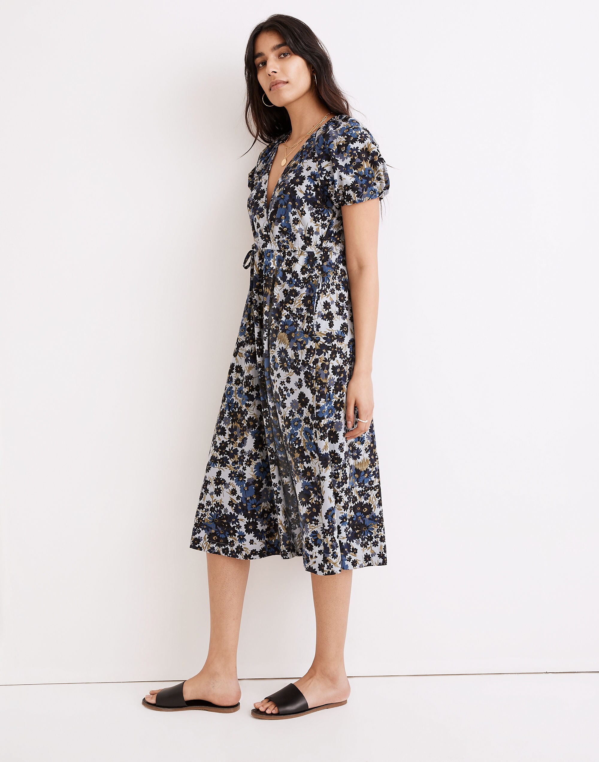 Drawstring Faux-Wrap Midi Dress in Daisy Reverie