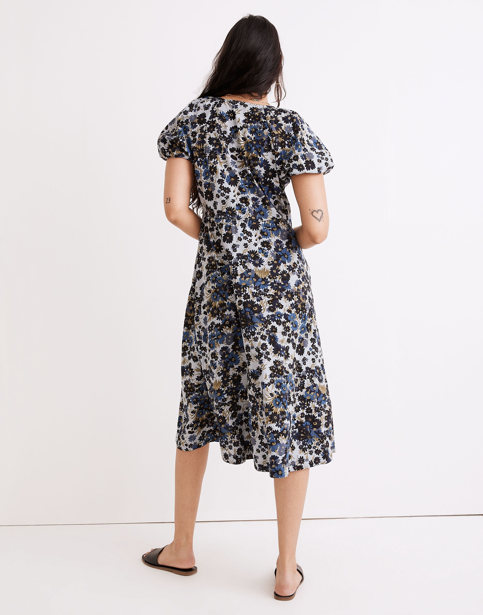 Drawstring Faux-Wrap Midi Dress in Daisy Reverie