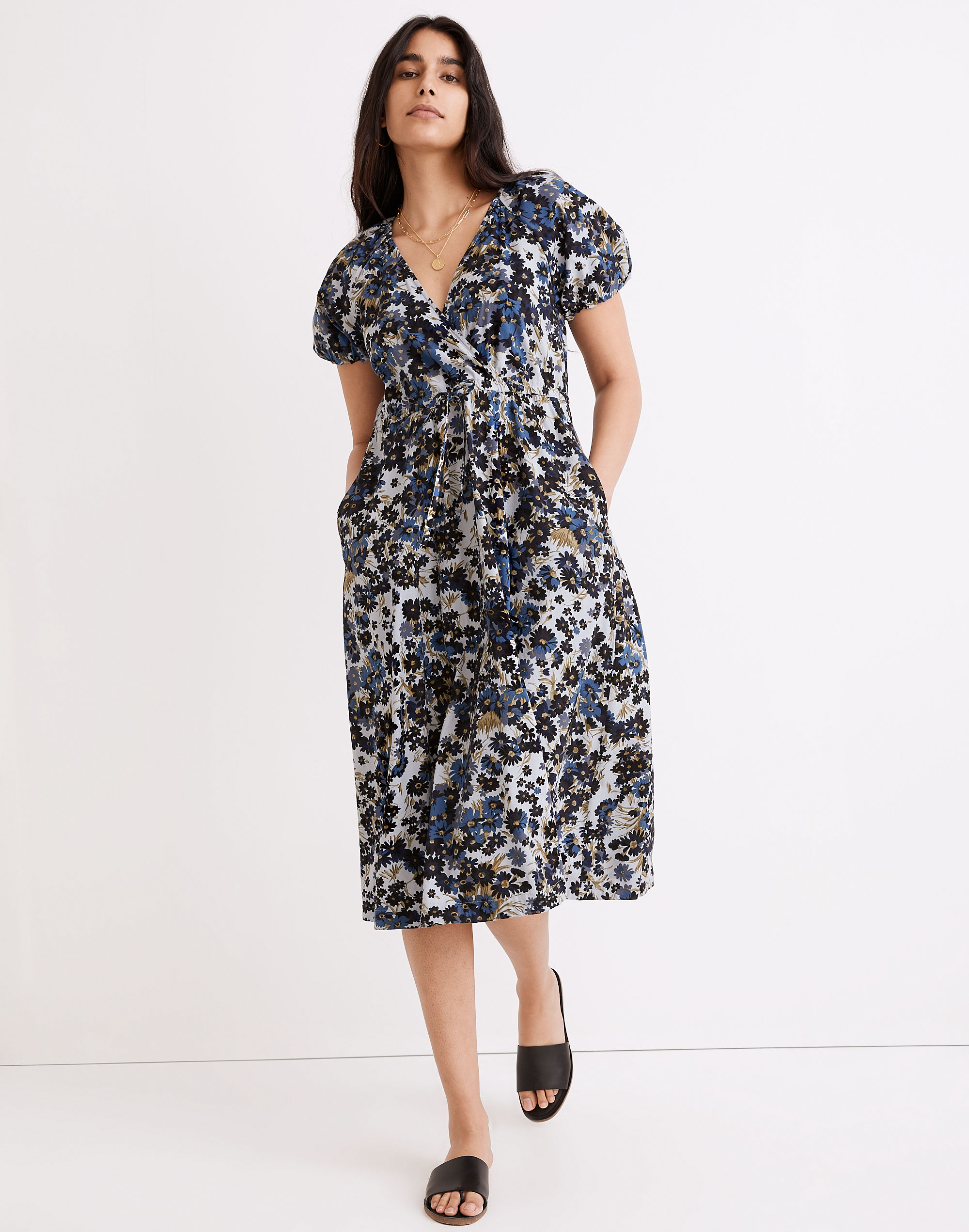 drawstring faux-wrap midi dress in daisy reverie