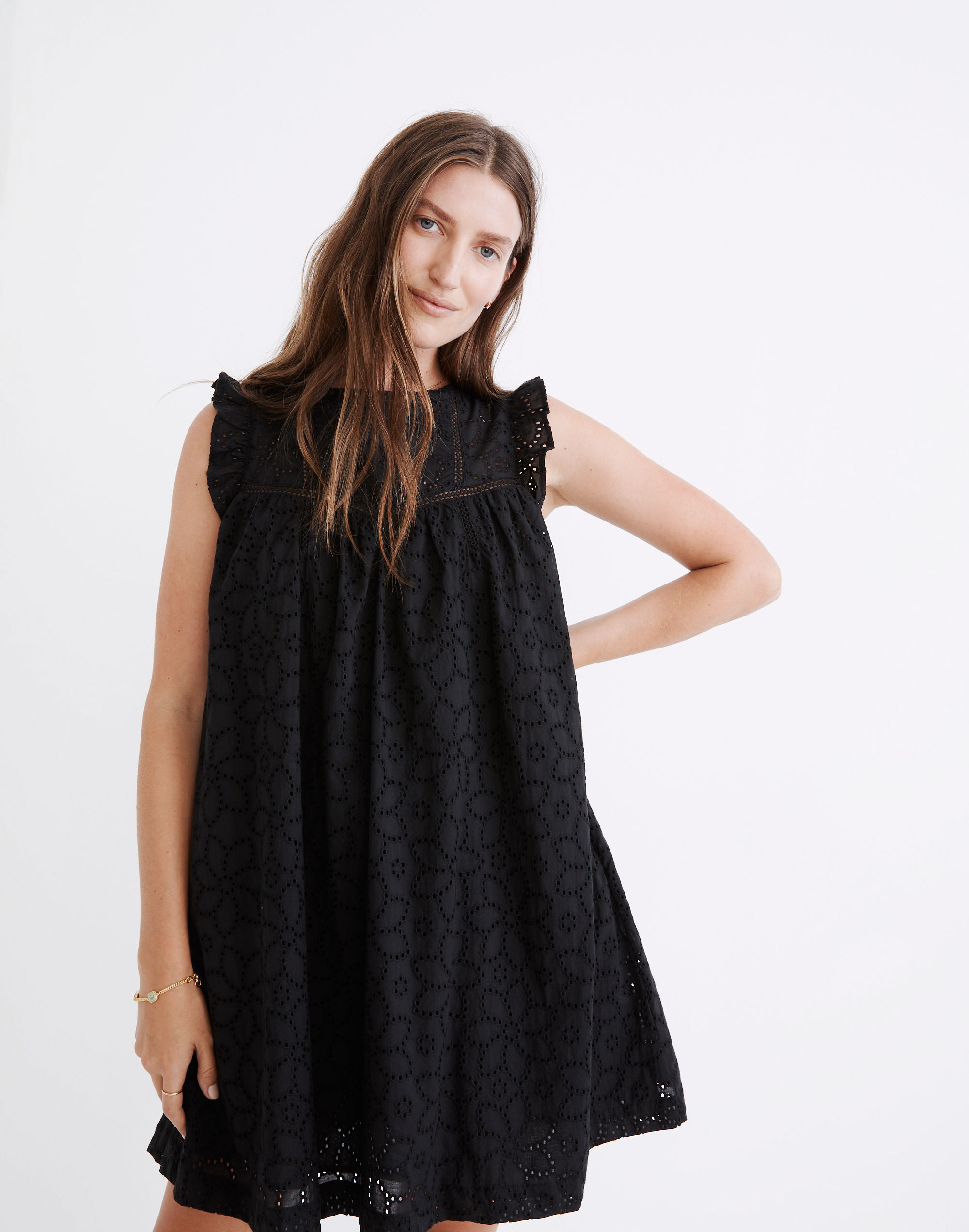 eyelet ruffle-sleeve mini dress