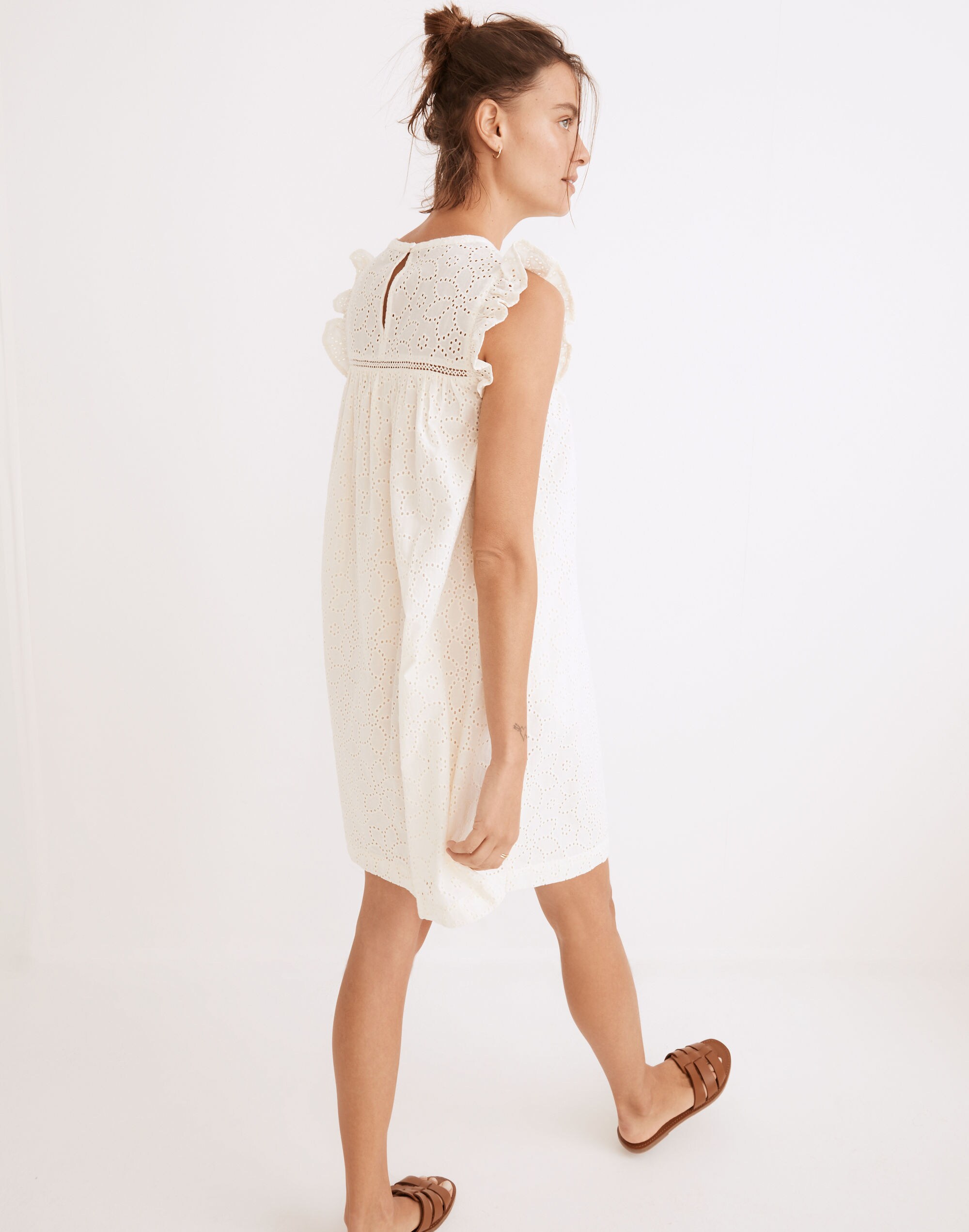 Eyelet Ruffle-Sleeve Mini Dress