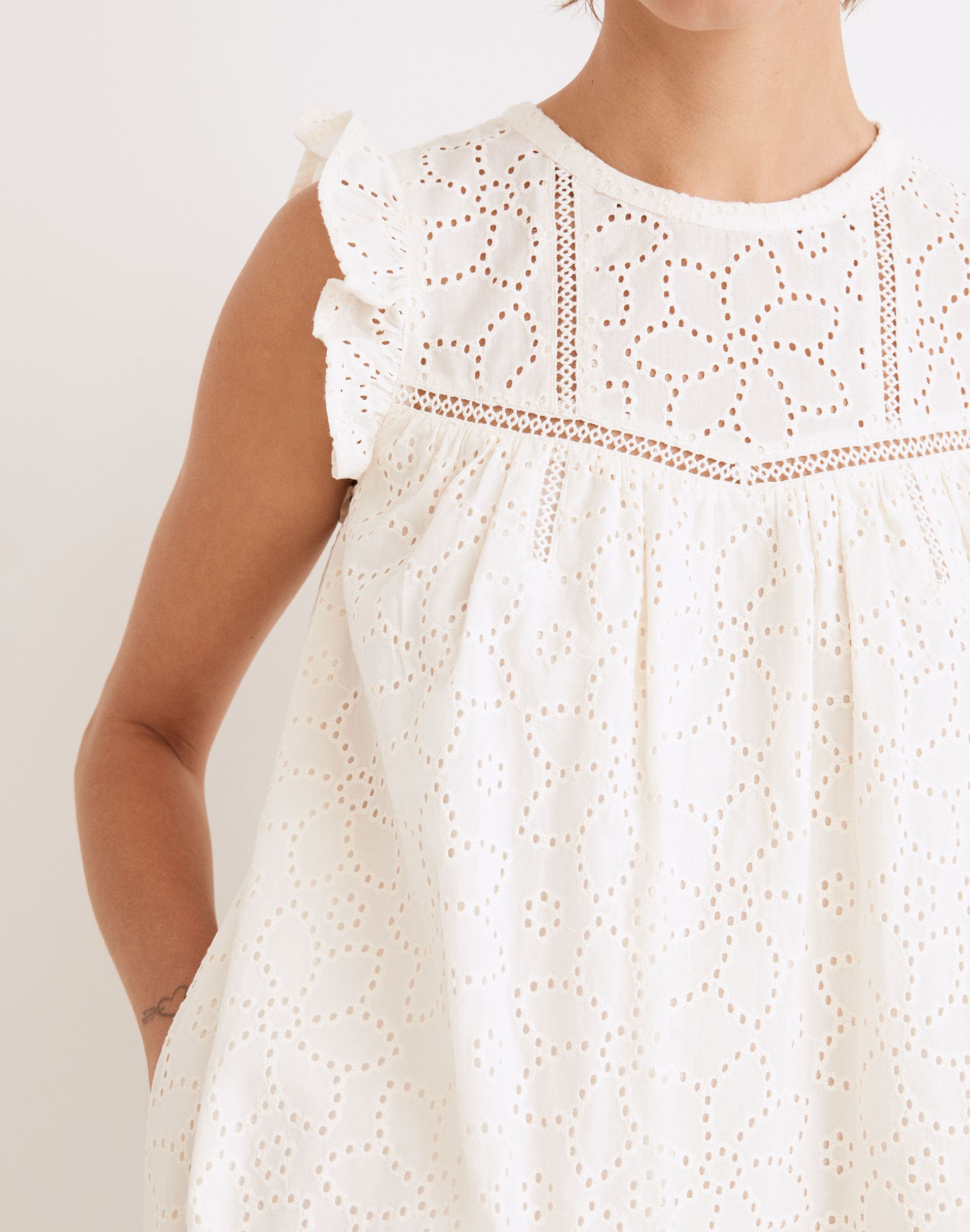 Eyelet Ruffle-Sleeve Mini Dress