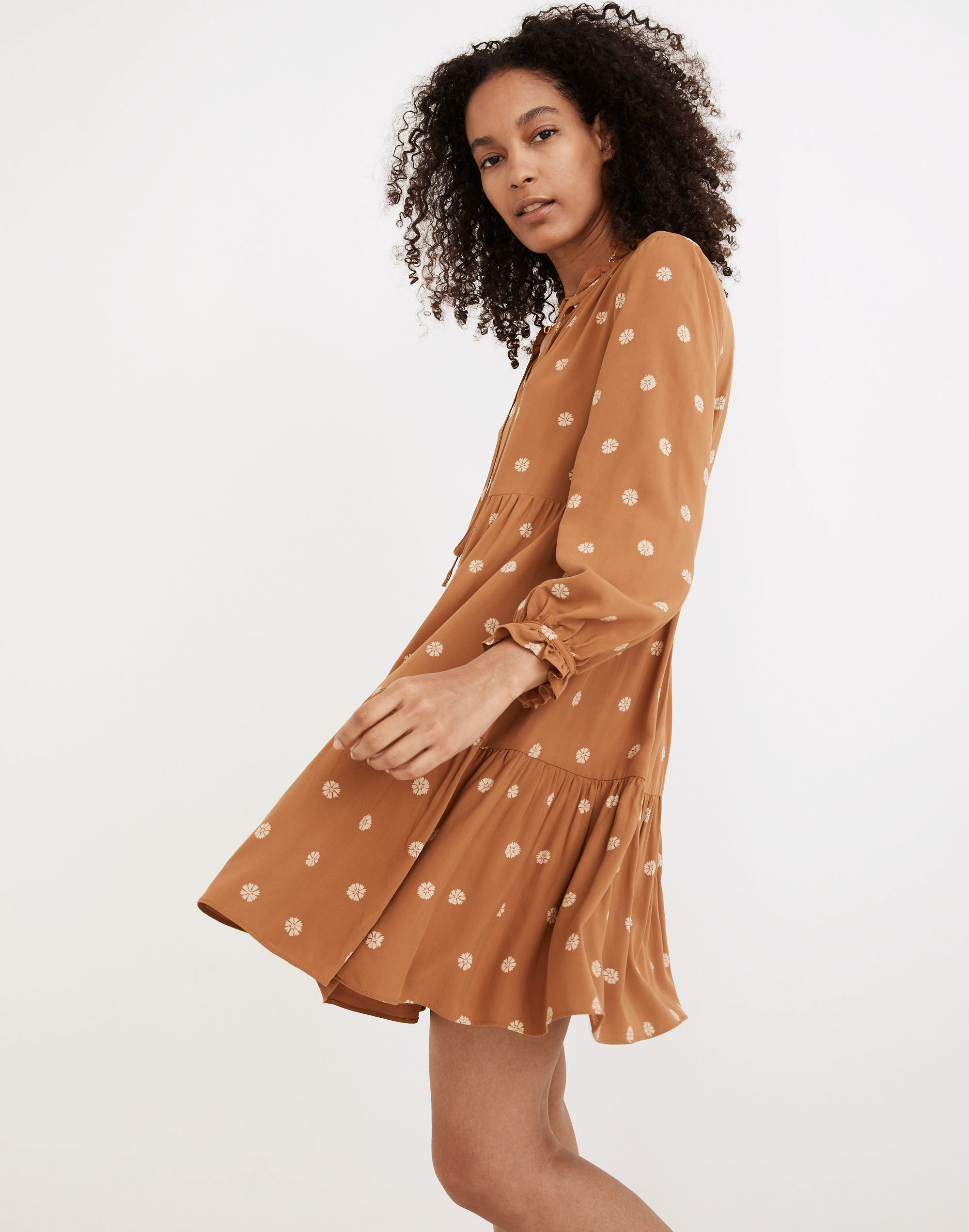 Tie-Neck Tiered Mini Dress in Bloom Dot