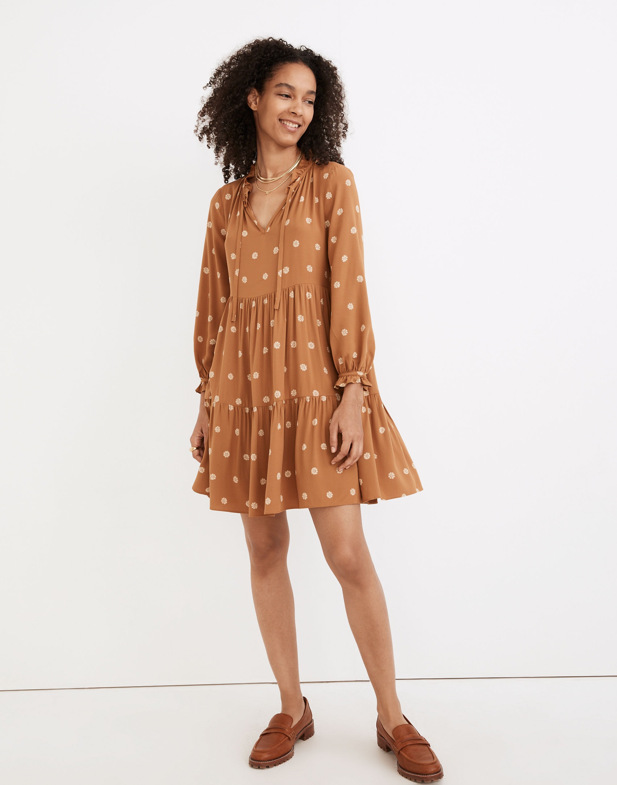 Tie-Neck Tiered Mini Dress in Bloom Dot