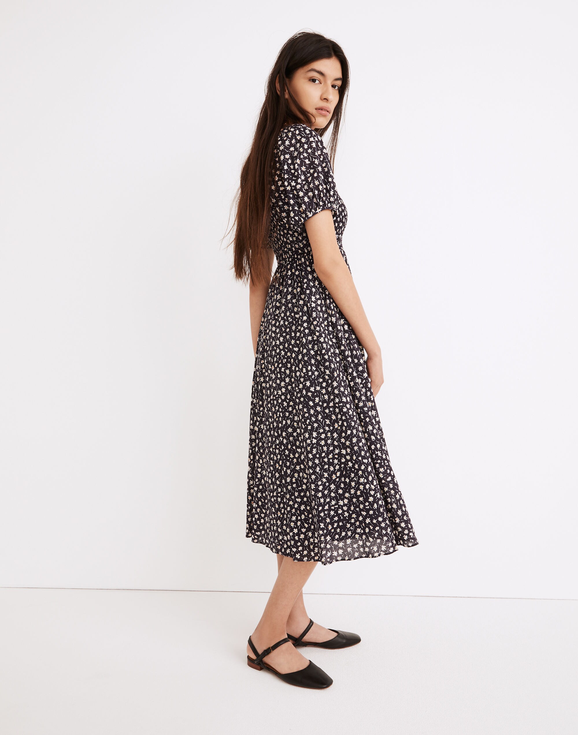Lucie Smocked Button-Front Midi Dress in Sweet Floral