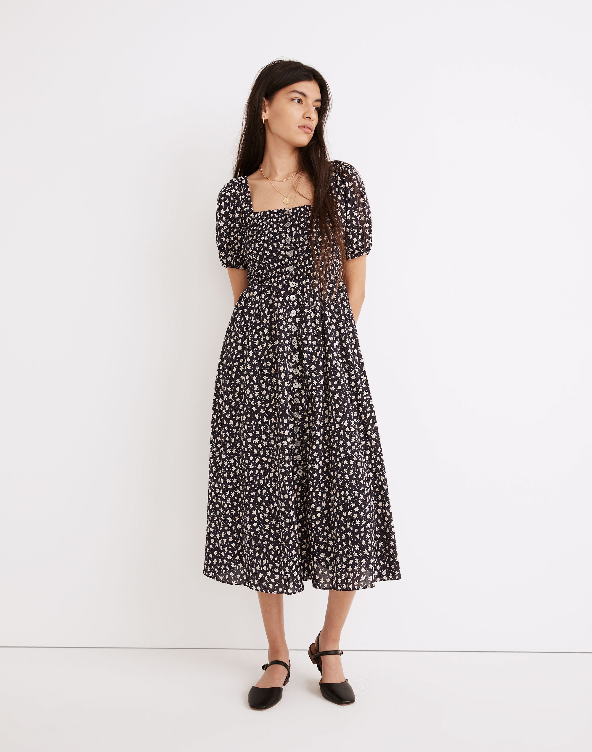 Lucie Smocked Button-Front Midi Dress in Sweet Floral