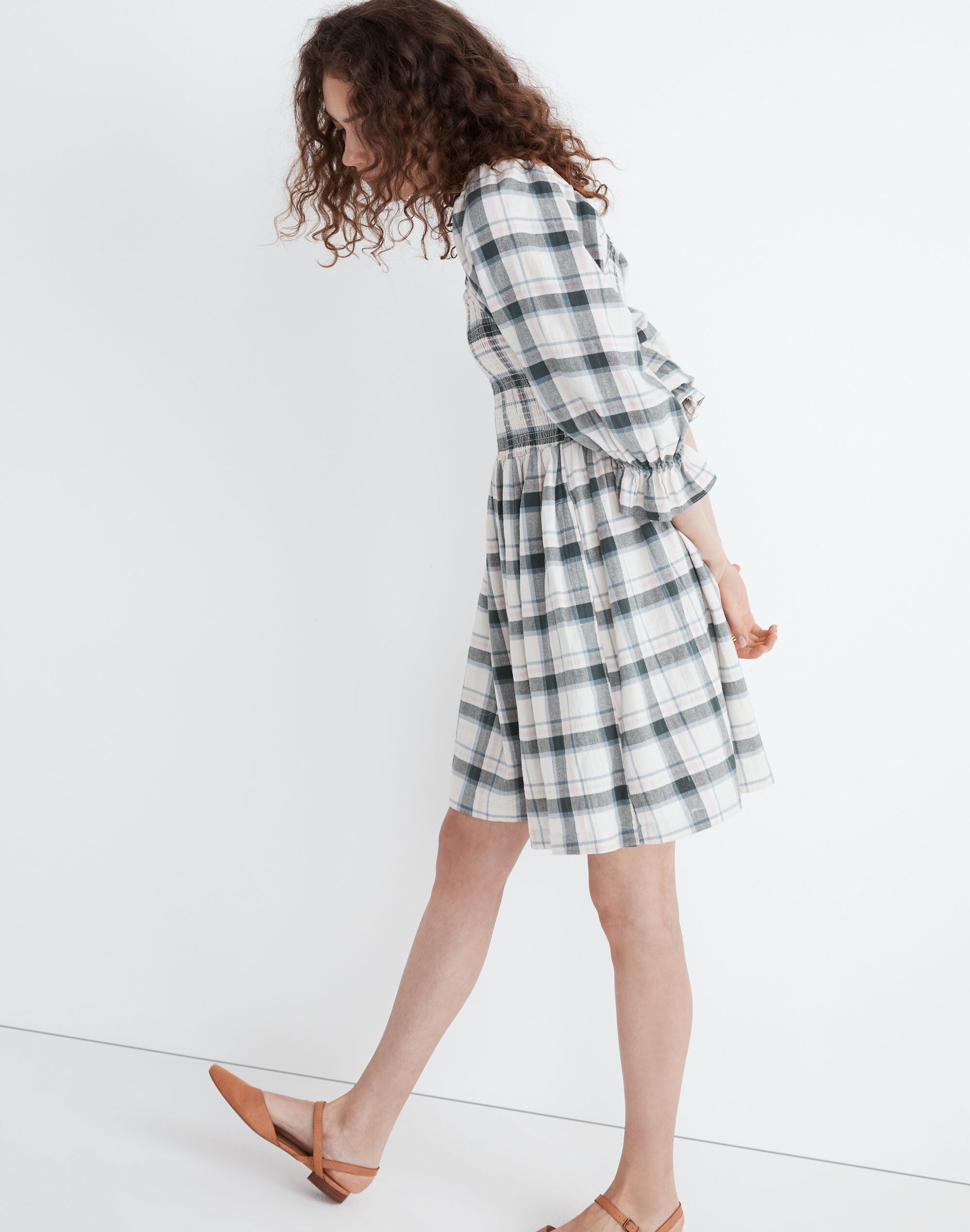 Lucie Elbow-Sleeve Smocked Mini Dress in Lebaum Plaid