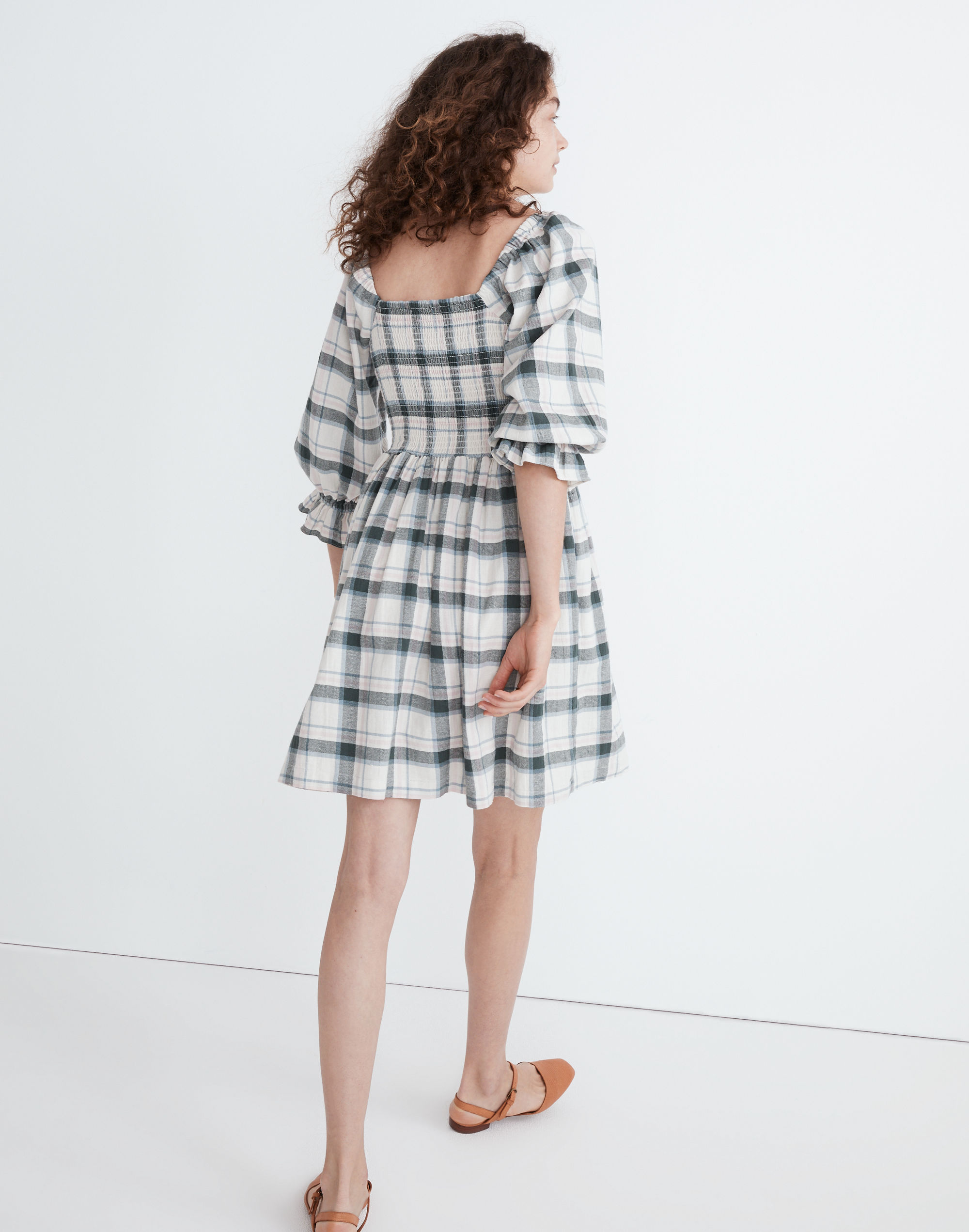 Lucie Elbow-Sleeve Smocked Mini Dress in Lebaum Plaid