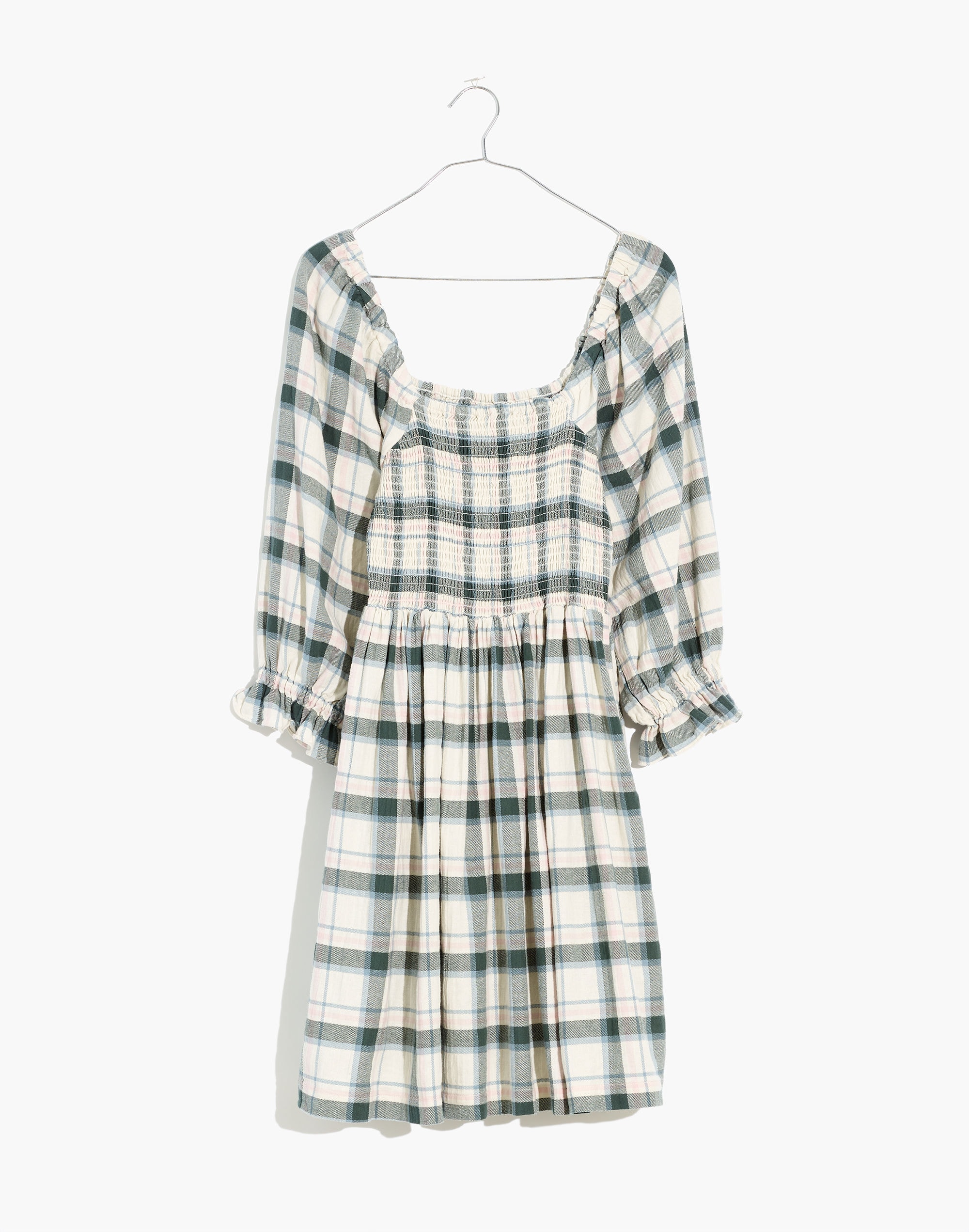 Lucie Elbow-Sleeve Smocked Mini Dress in Lebaum Plaid
