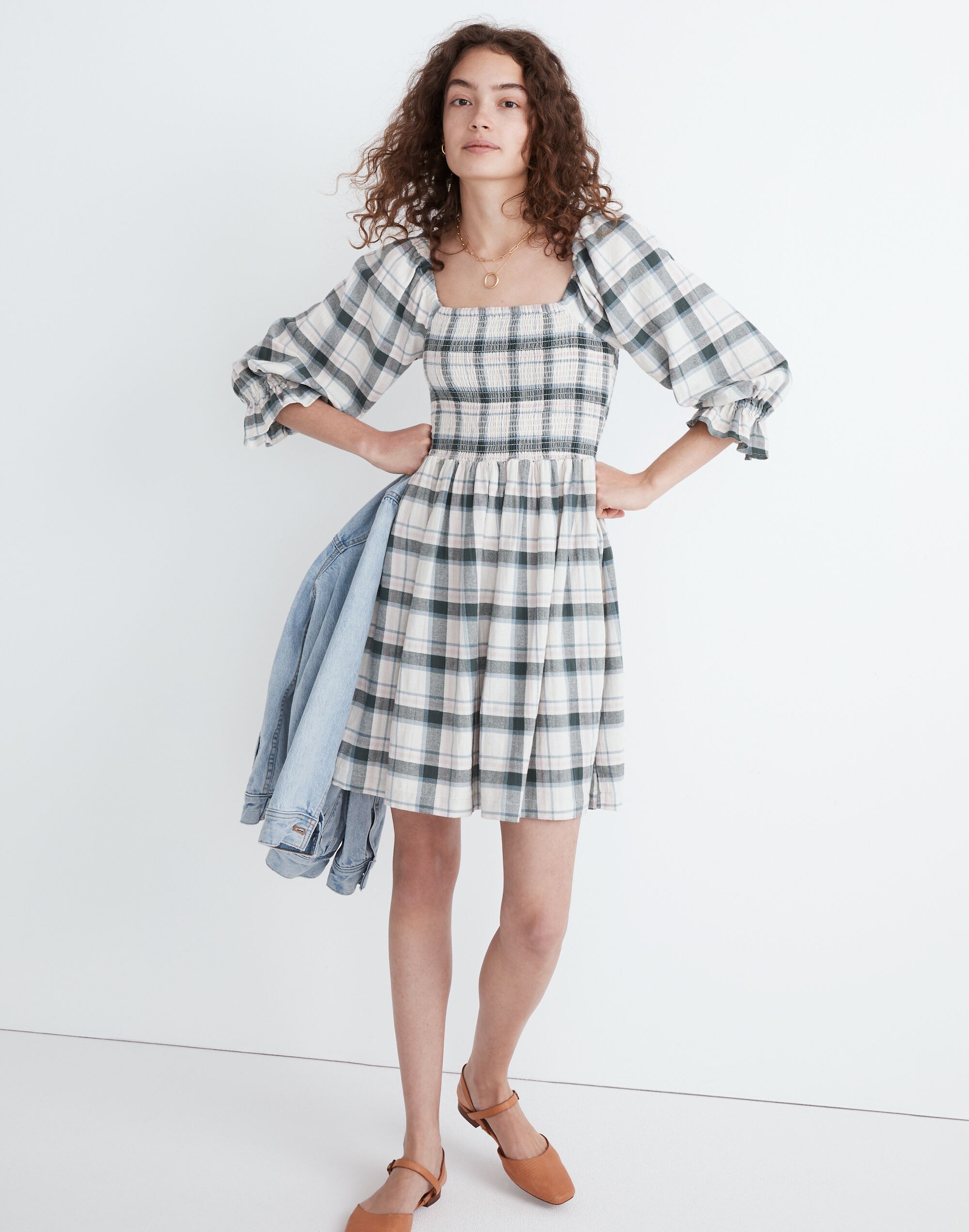 Lucie Elbow-Sleeve Smocked Mini Dress in Lebaum Plaid