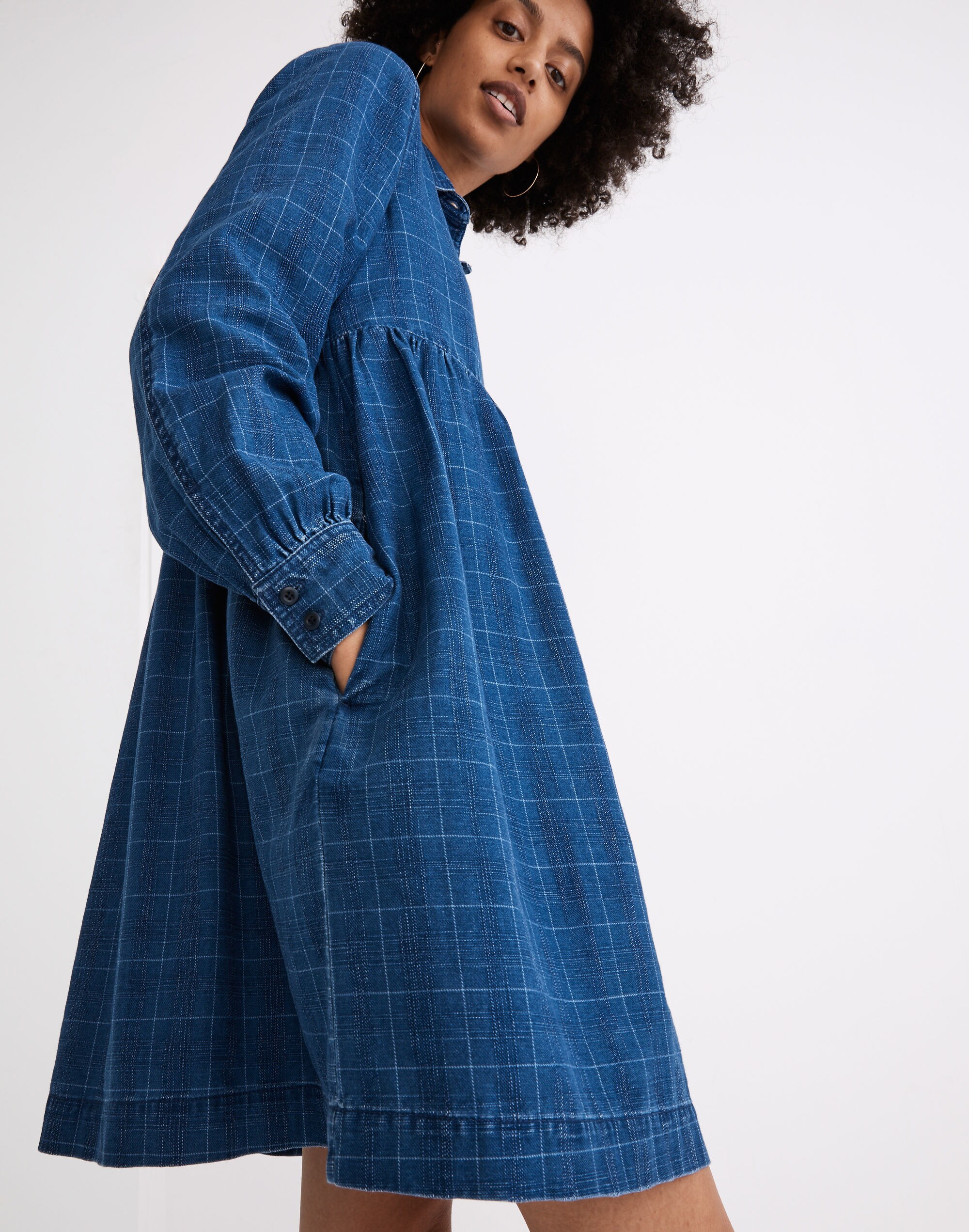 Denim Babydoll Shirtdress in Indigo Plaid