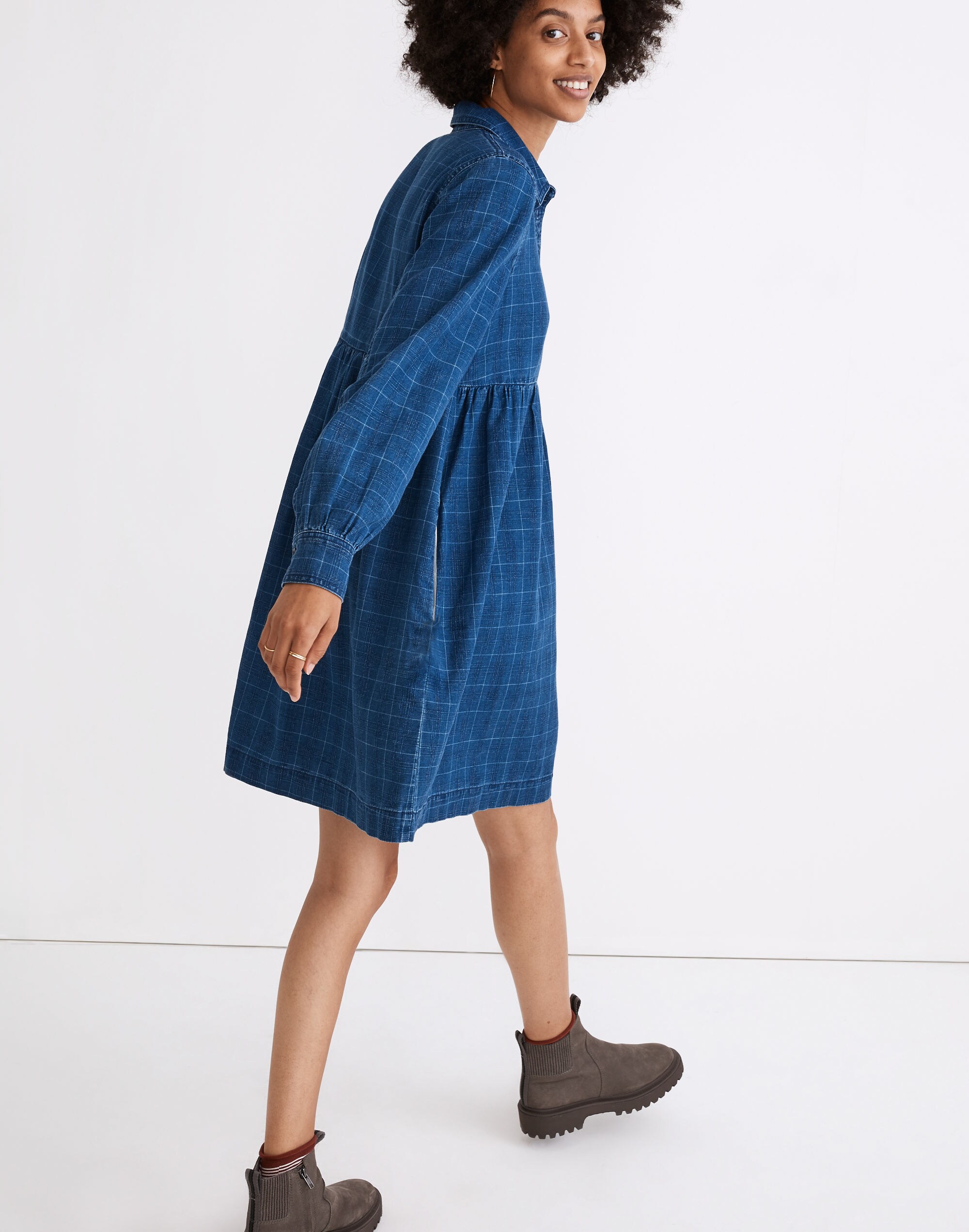 Denim Babydoll Shirtdress in Indigo Plaid