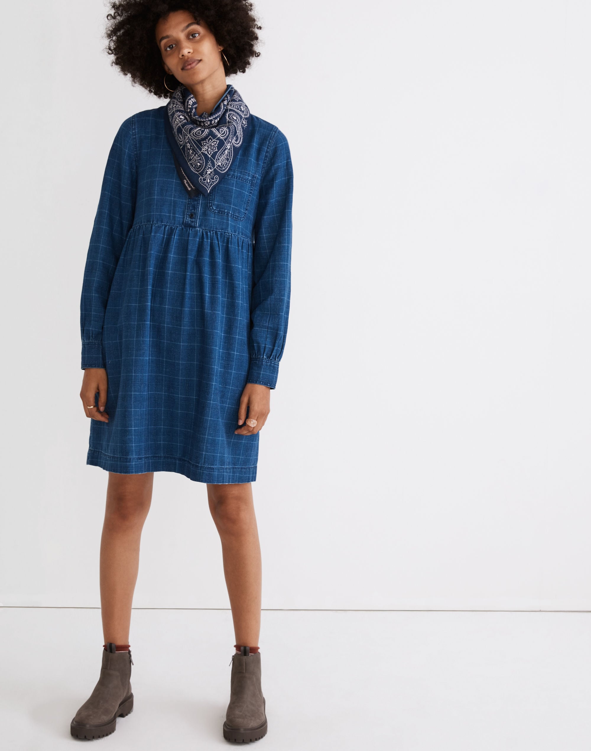 Denim Babydoll Shirtdress in Indigo Plaid
