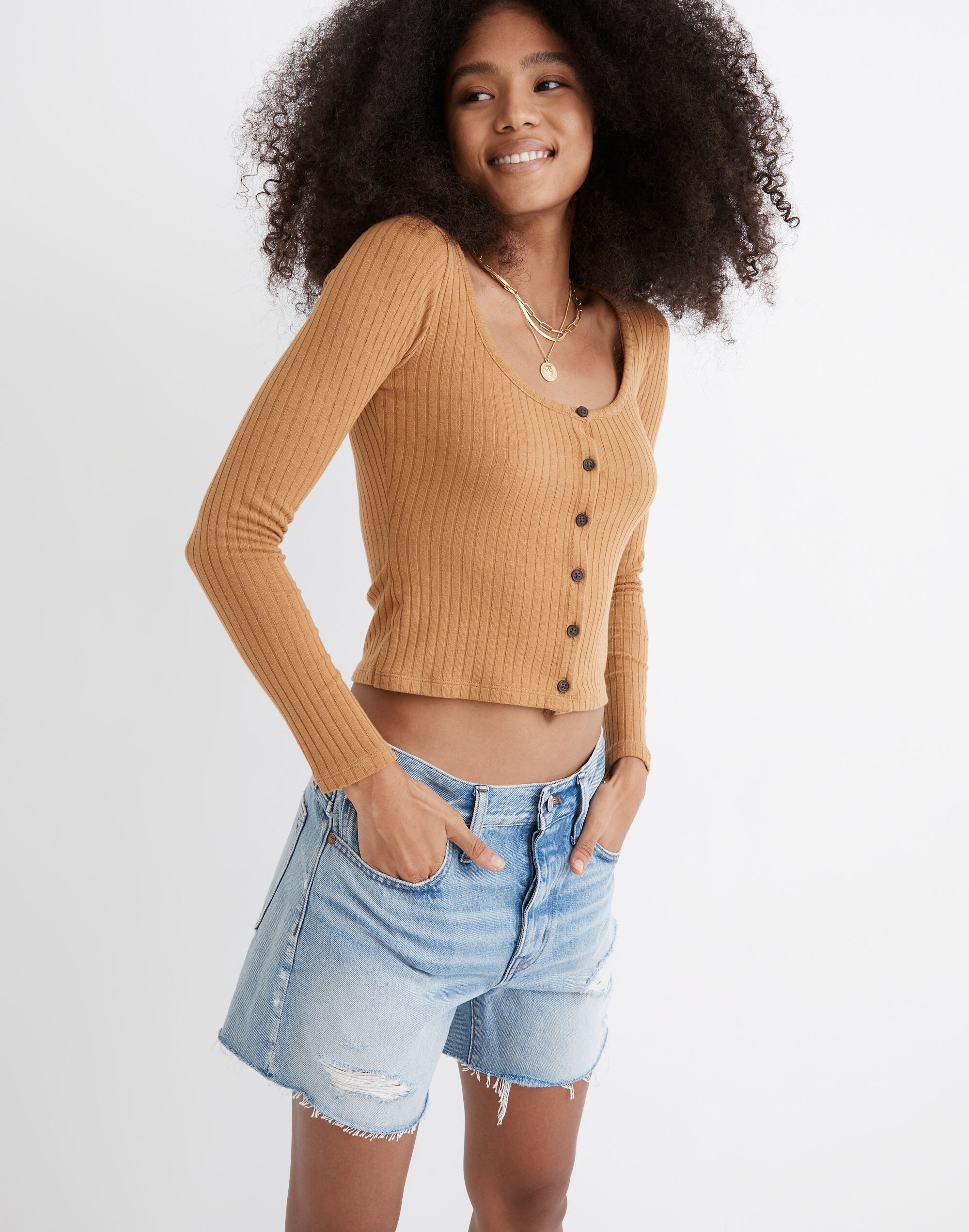 Relaxed Mid-Length Denim Shorts in Steenwick Wash: Ripped Edition