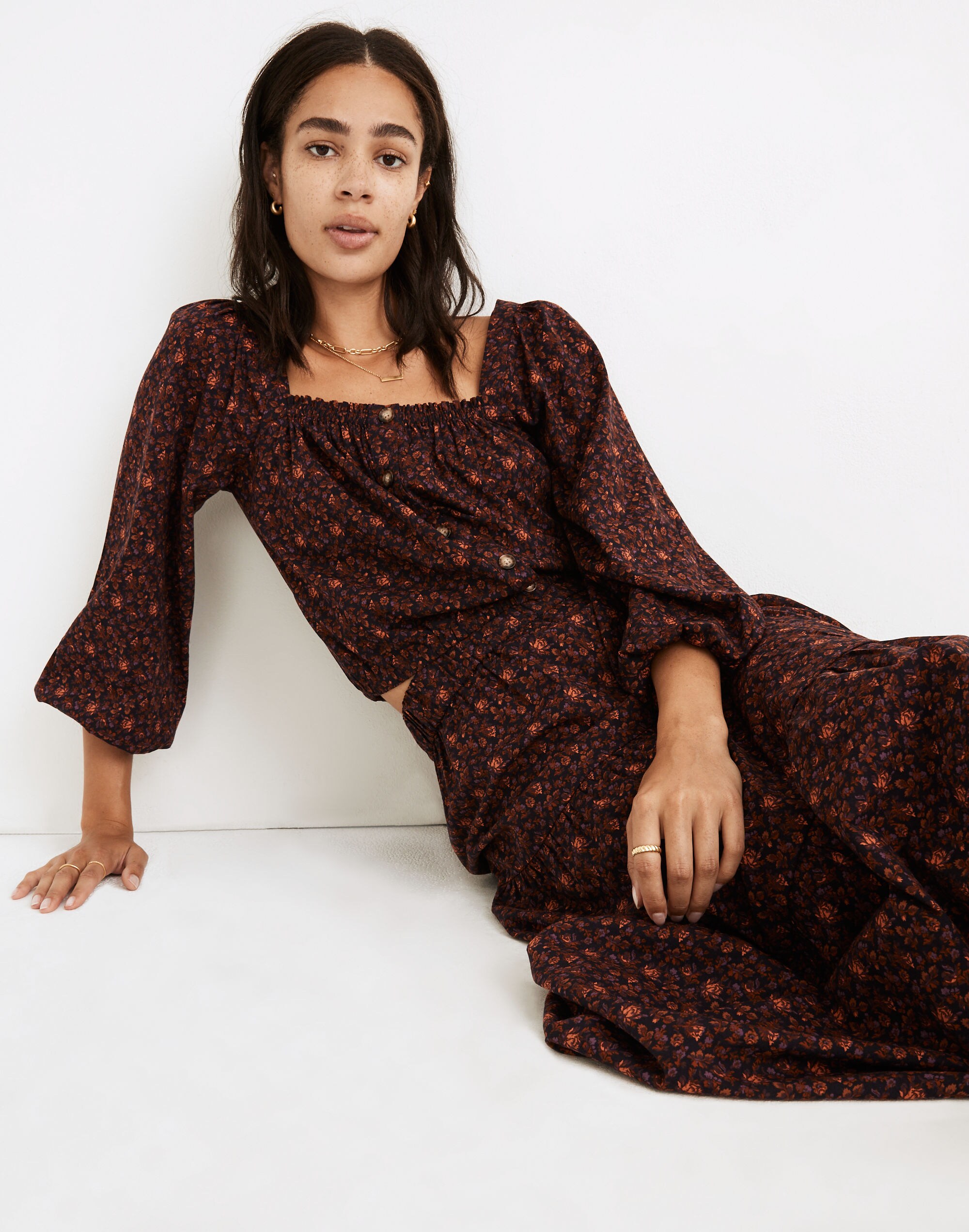 Puff-Sleeve Button-Front Crop Top in Orchard Floral