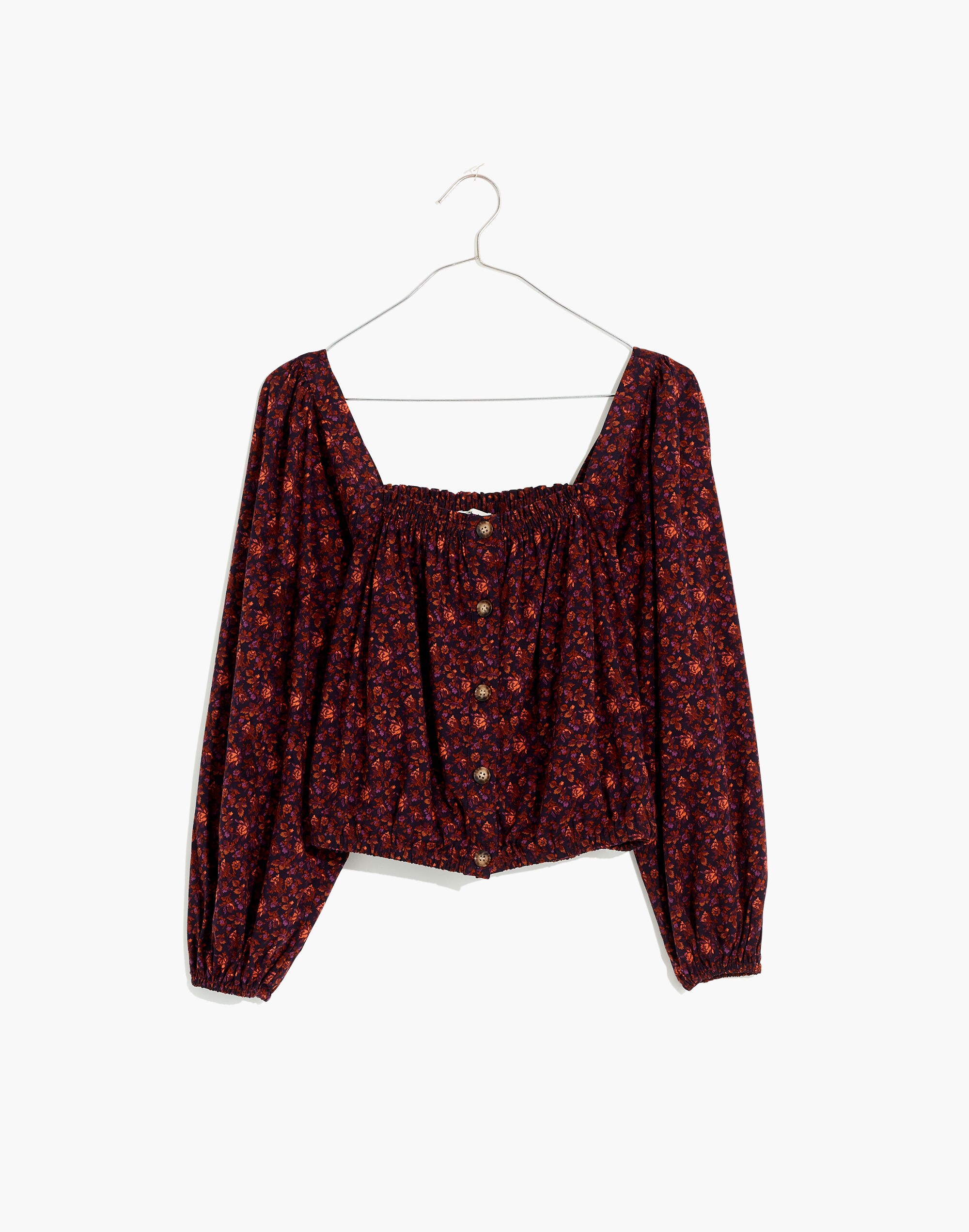 Puff-Sleeve Button-Front Crop Top in Orchard Floral