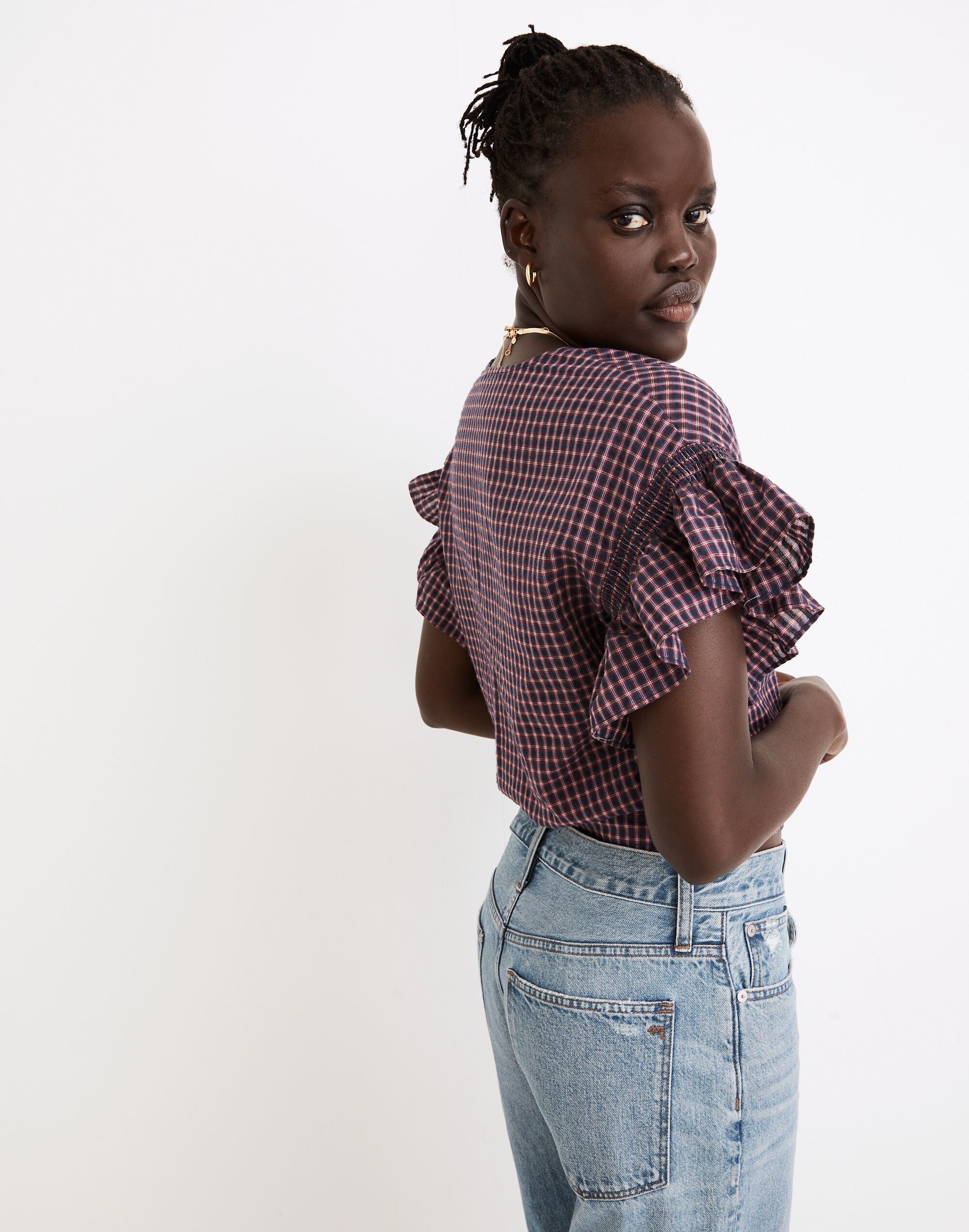 Flutter-Sleeve Side-Tie Wrap Top in Plaid