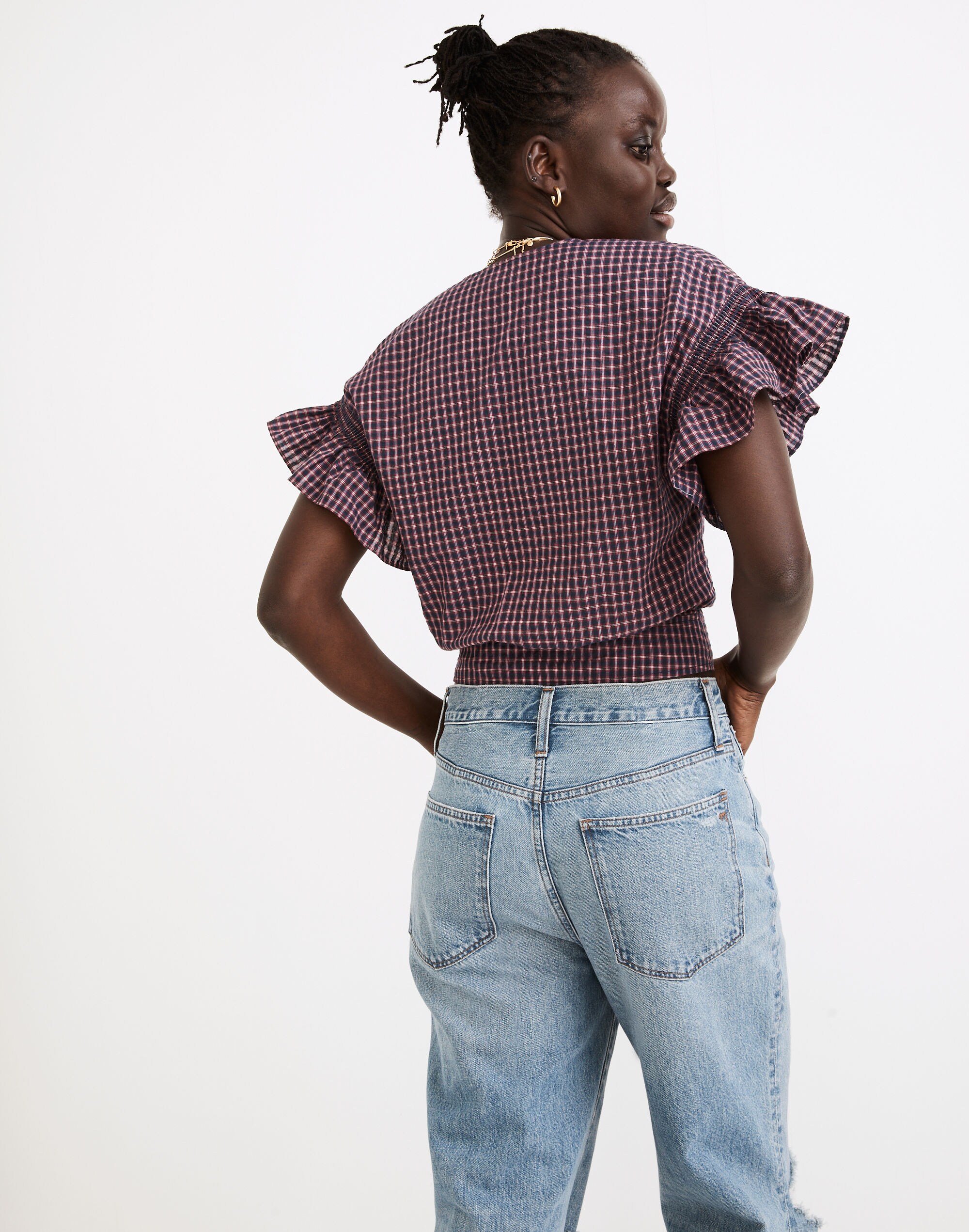 Flutter-Sleeve Side-Tie Wrap Top in Plaid