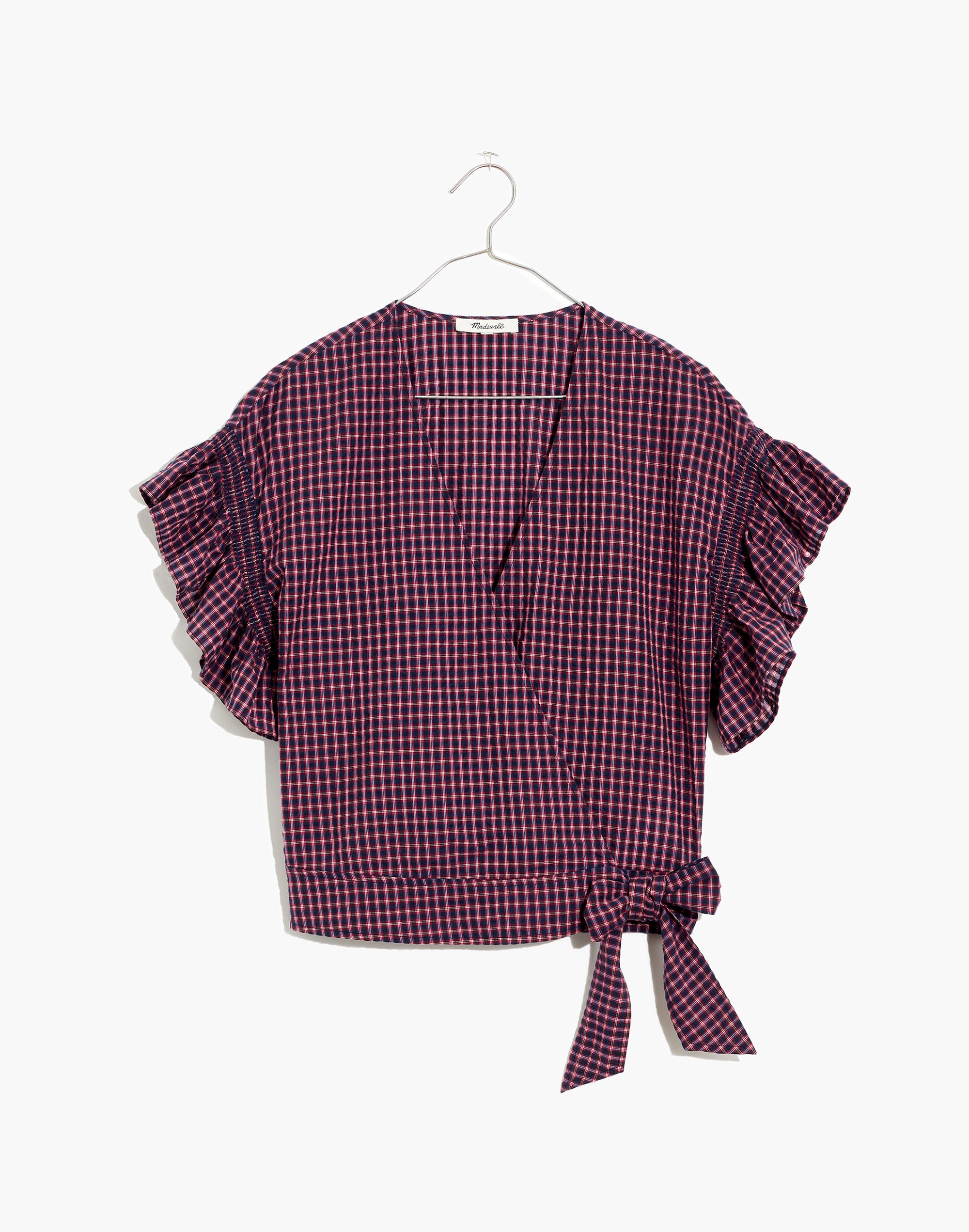 Flutter-Sleeve Side-Tie Wrap Top in Plaid