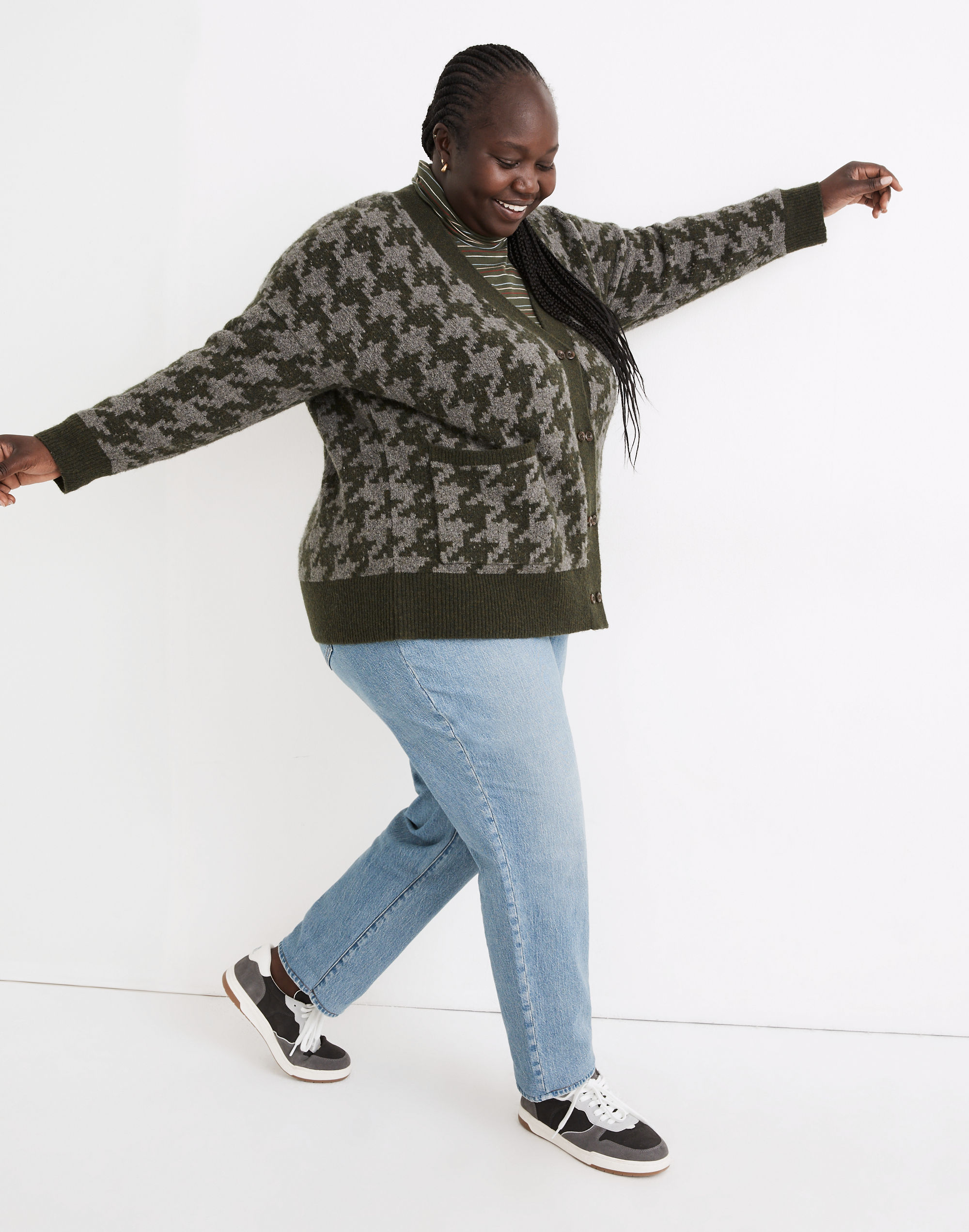 Plus Allston Double-Button Cardigan Sweater in Houndstooth