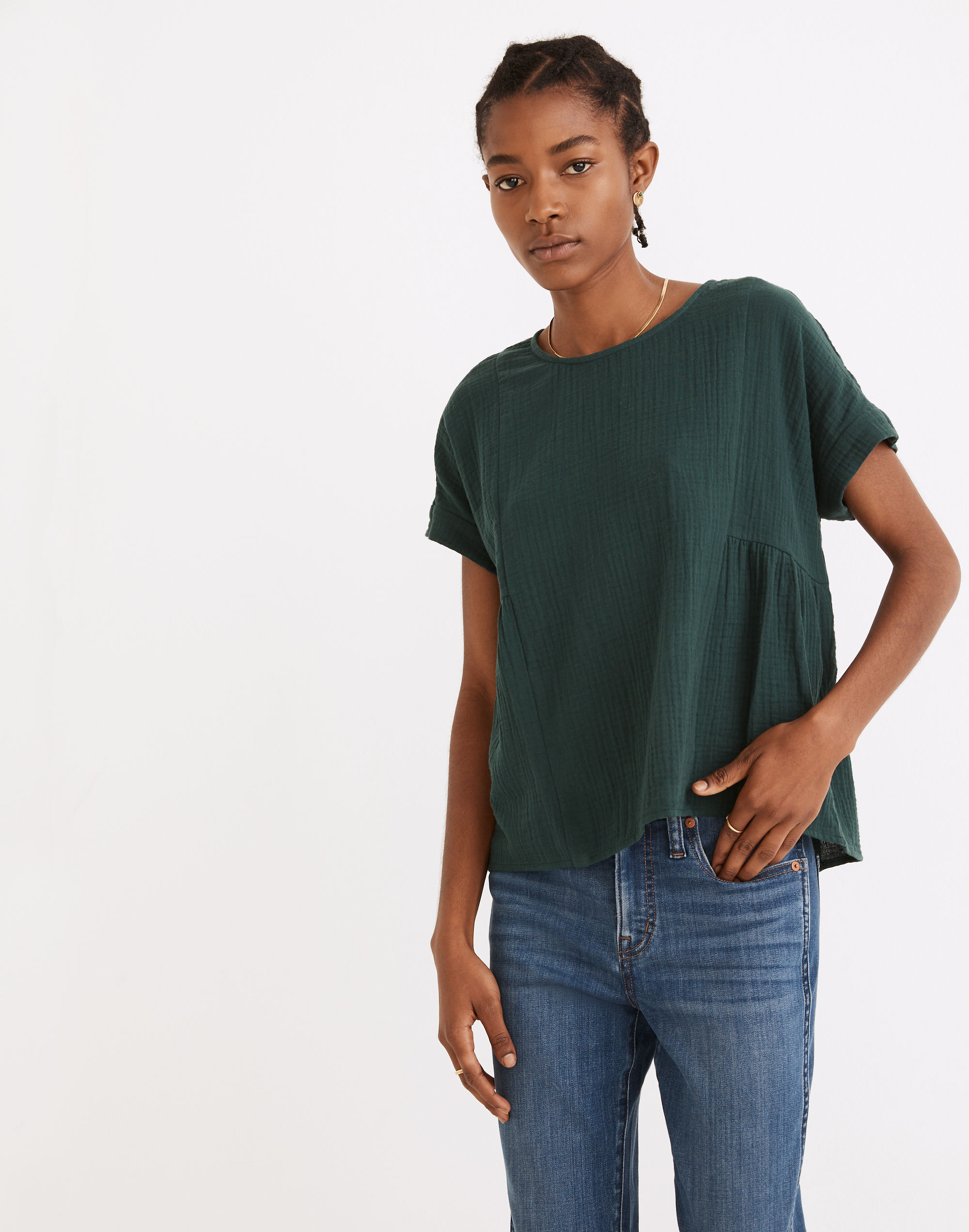 Lightspun Cuffed-Sleeve Shirred Top