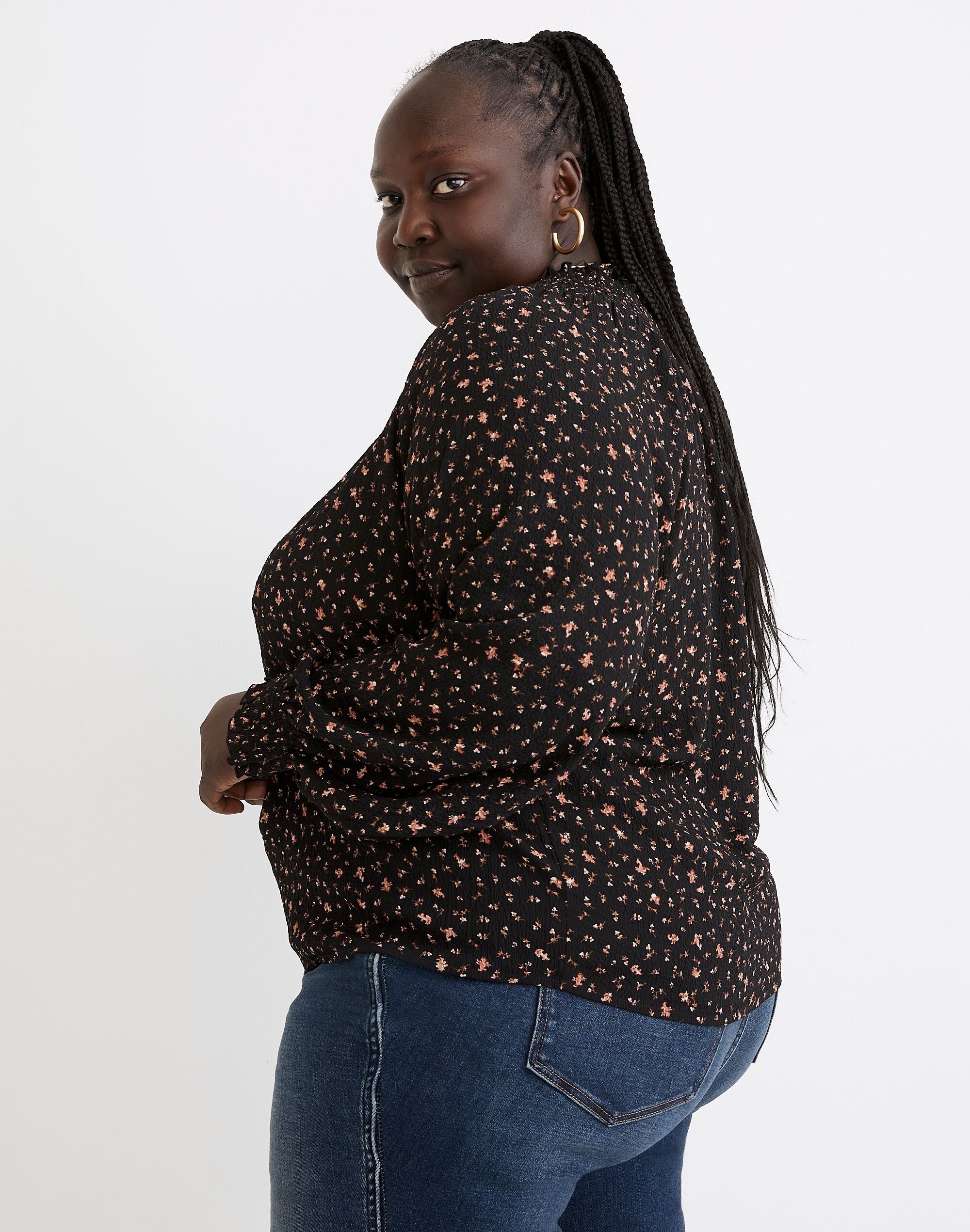 Plus Smocked-Neck Ruffle Top in Stem Scatter