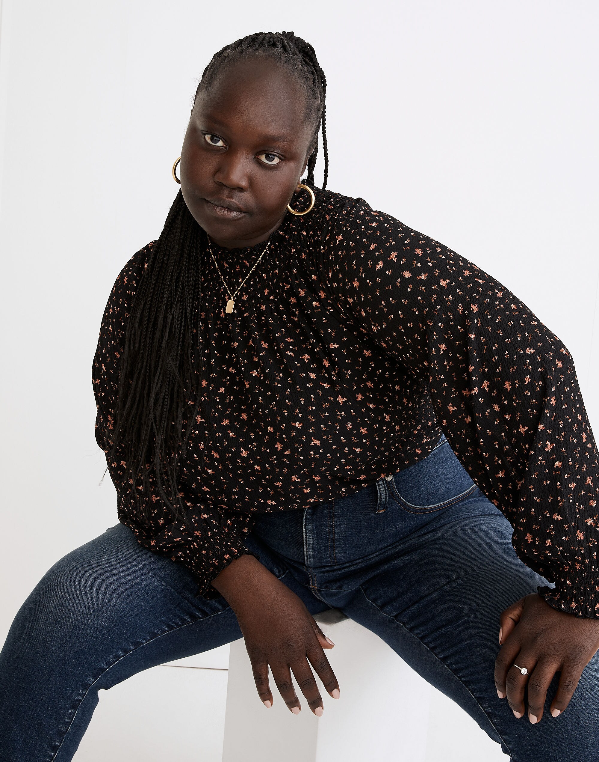 Plus Smocked-Neck Ruffle Top in Stem Scatter