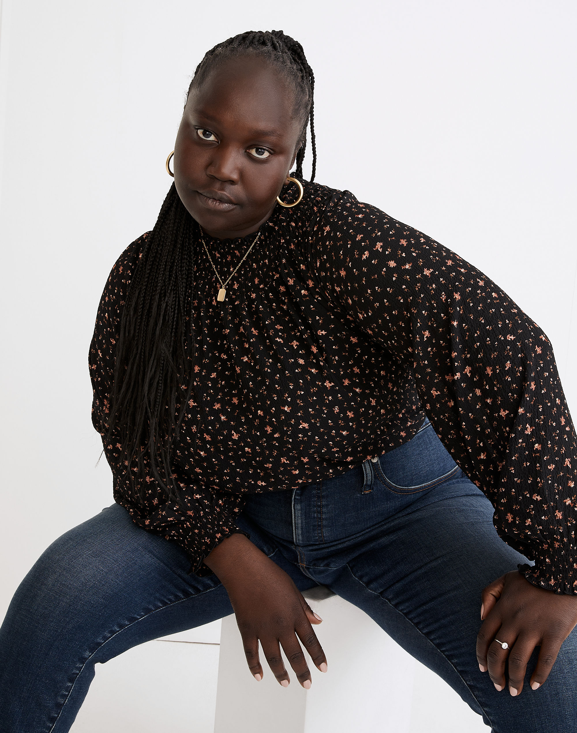 plus smocked-neck ruffle top in stem scatter