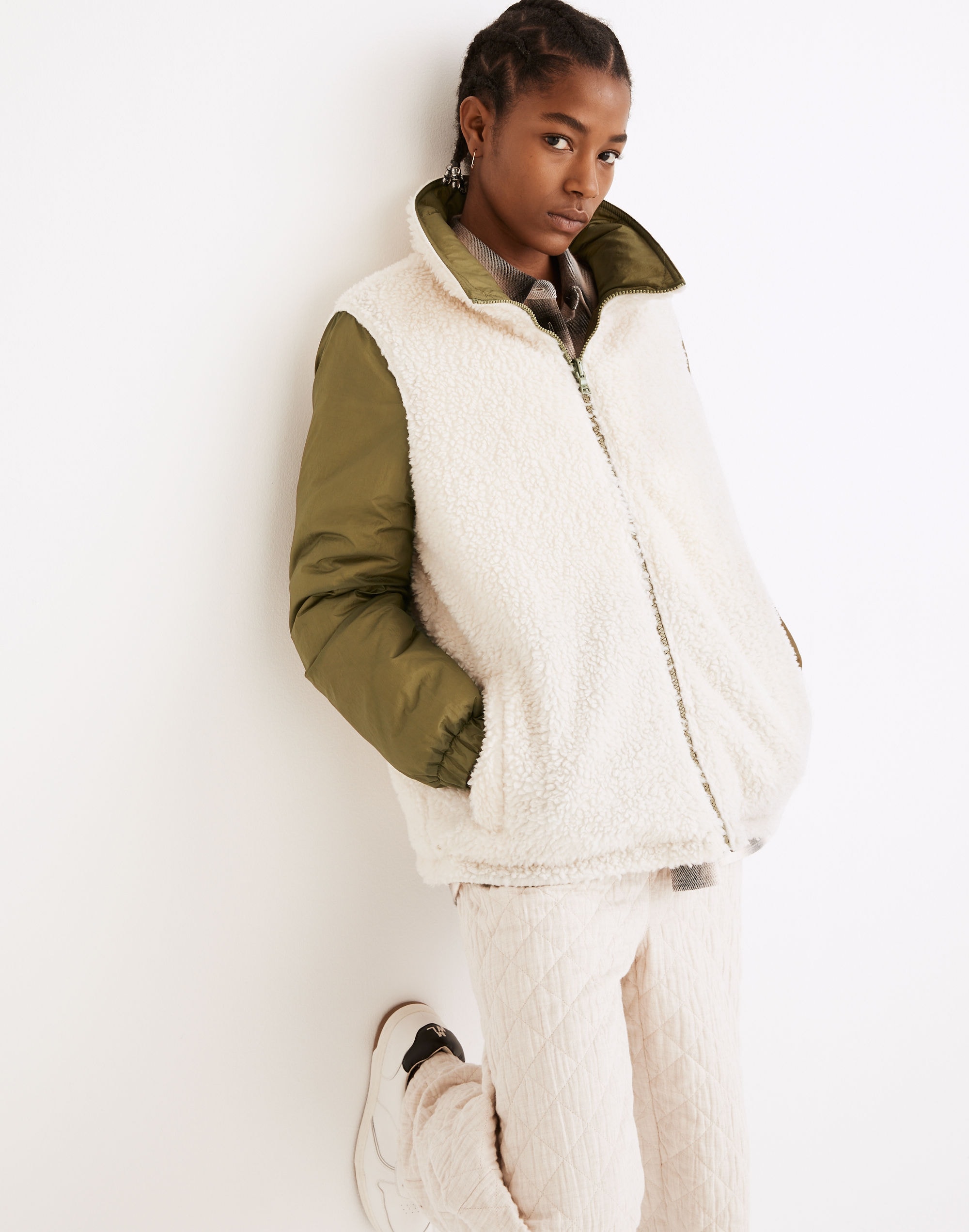 reversible sherpa puffer jacket in colorblock