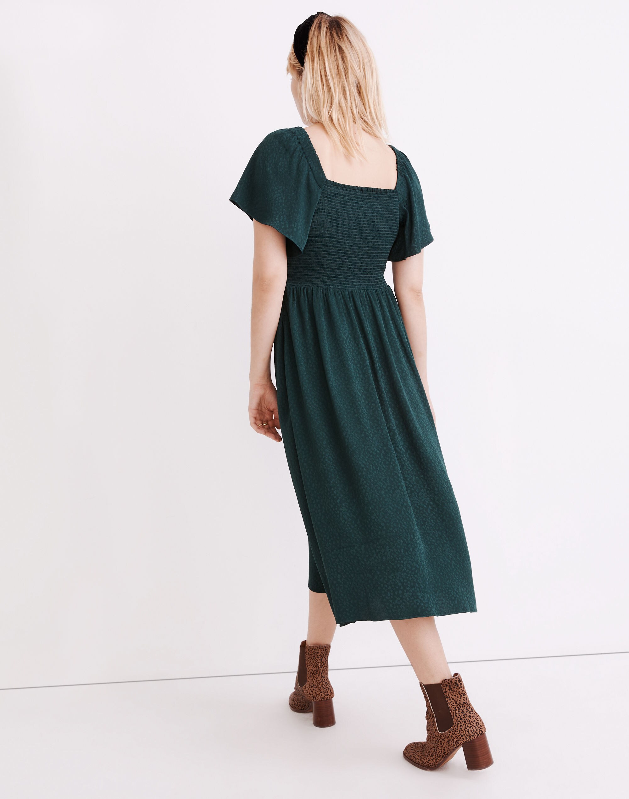 Lucie Smocked Midi Dress in Cheetah Jacquard