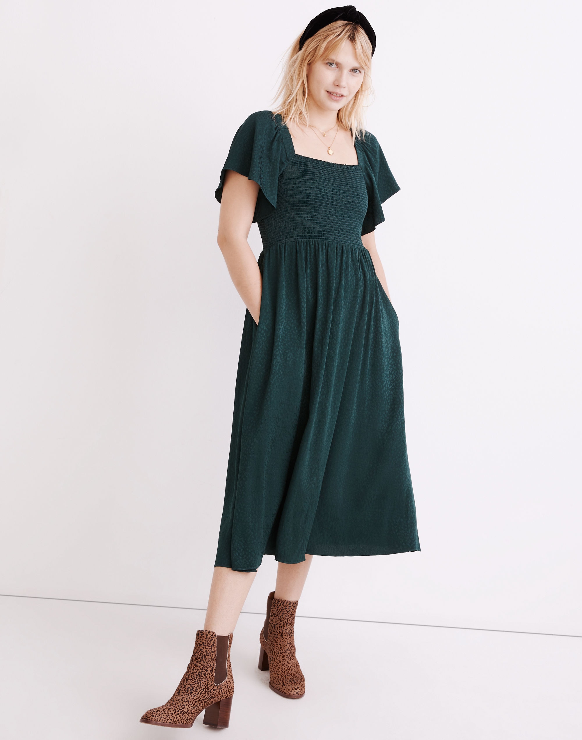 Lucie Smocked Midi Dress in Cheetah Jacquard