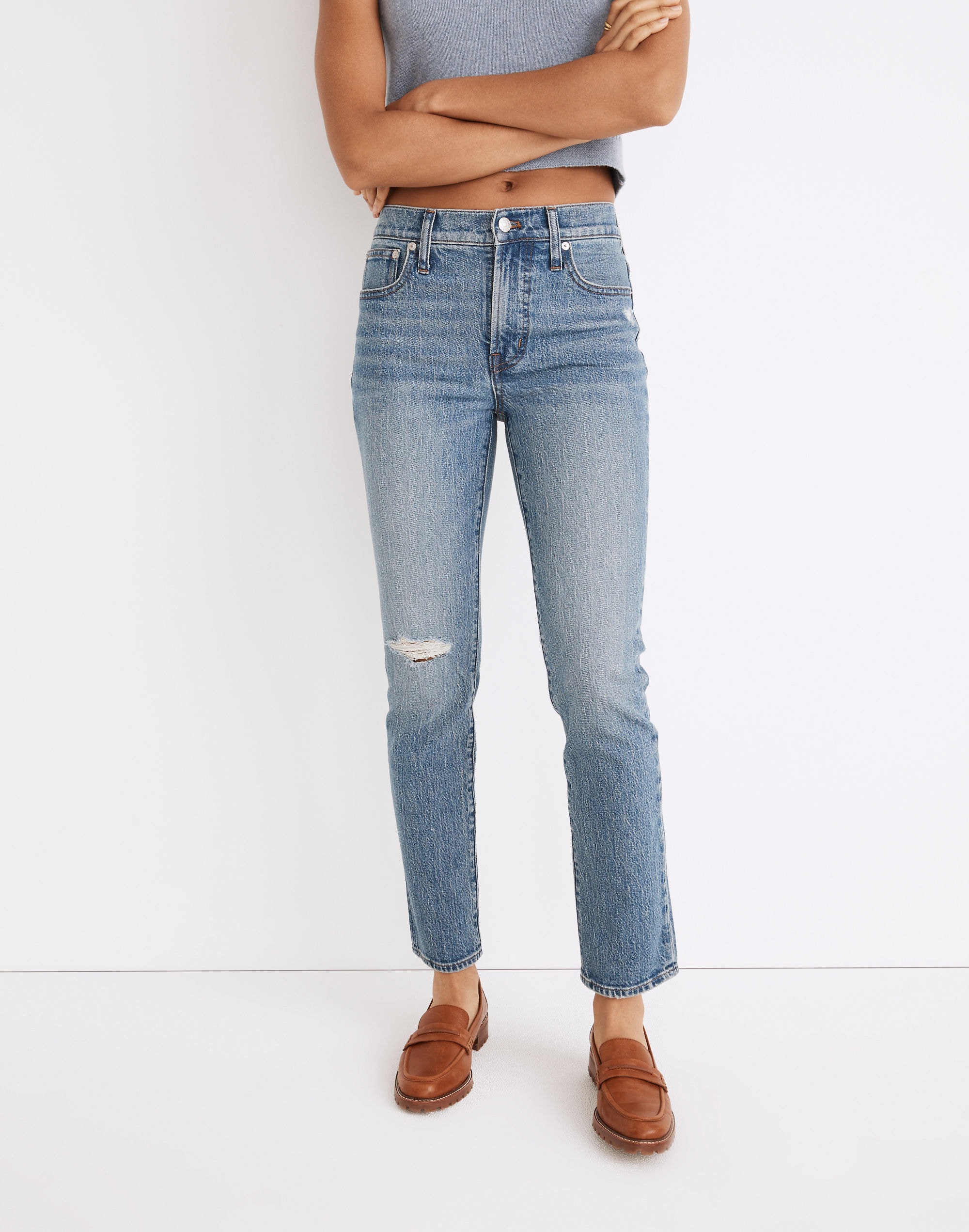 The Mid-Rise Perfect Vintage Jean in Ainsdale Wash: Knee-Rip Edition