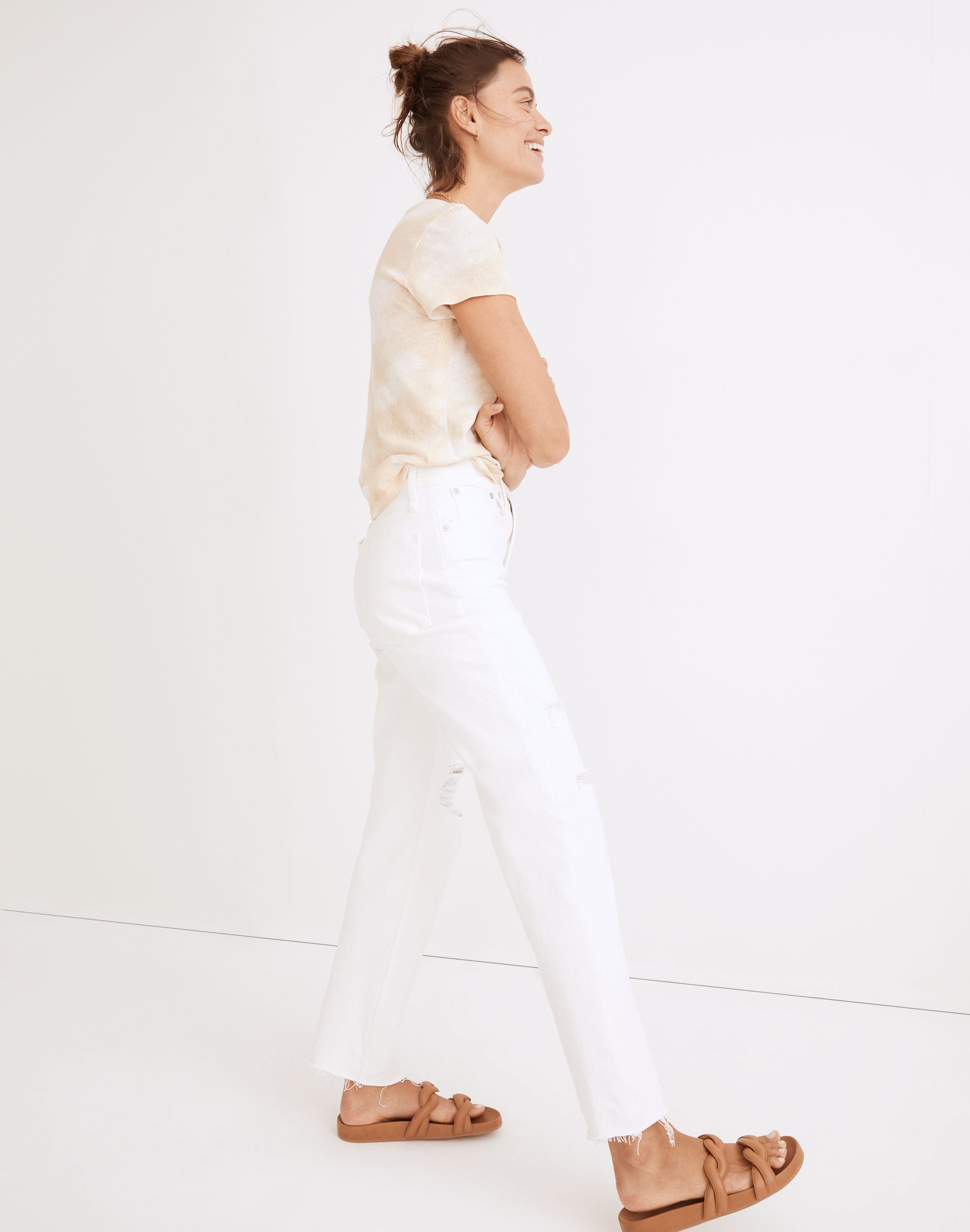 The Perfect Vintage Straight Jean in Tile White: Ripped-Knee Edition