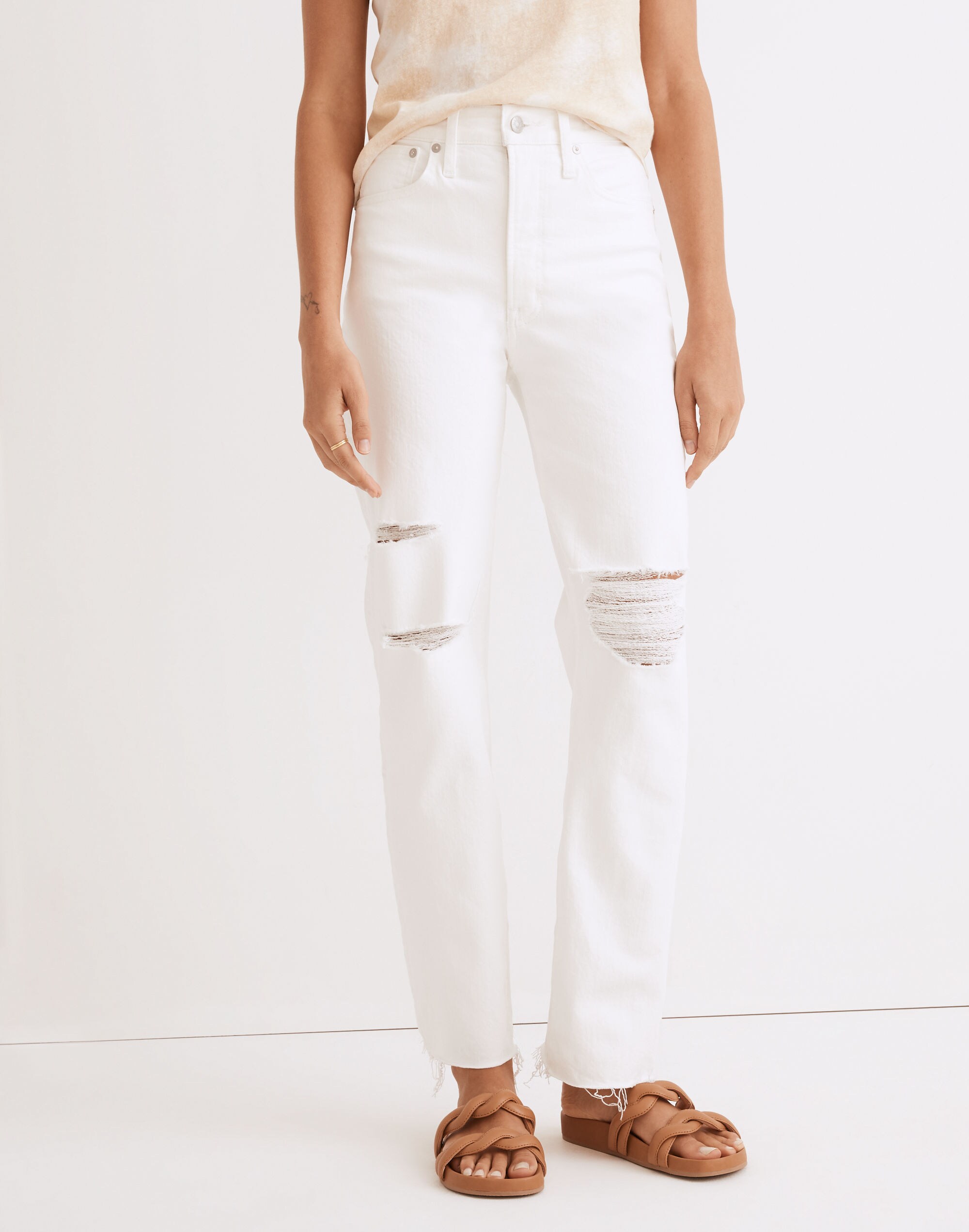 The Perfect Vintage Straight Jean in Tile White: Ripped-Knee Edition