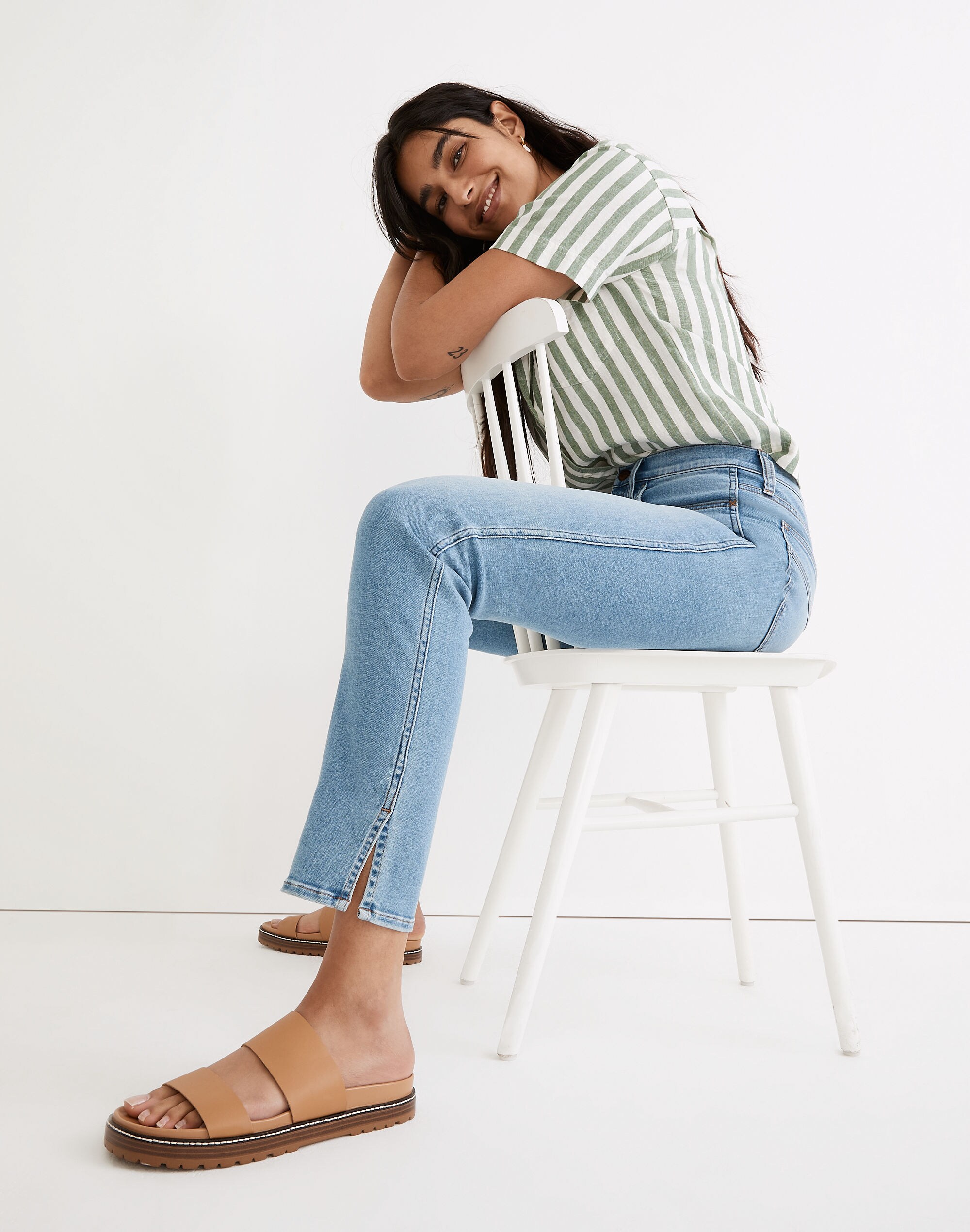 High-Rise Slim Straight Jeans in Stillwood Wash: Slit-Hem Edition